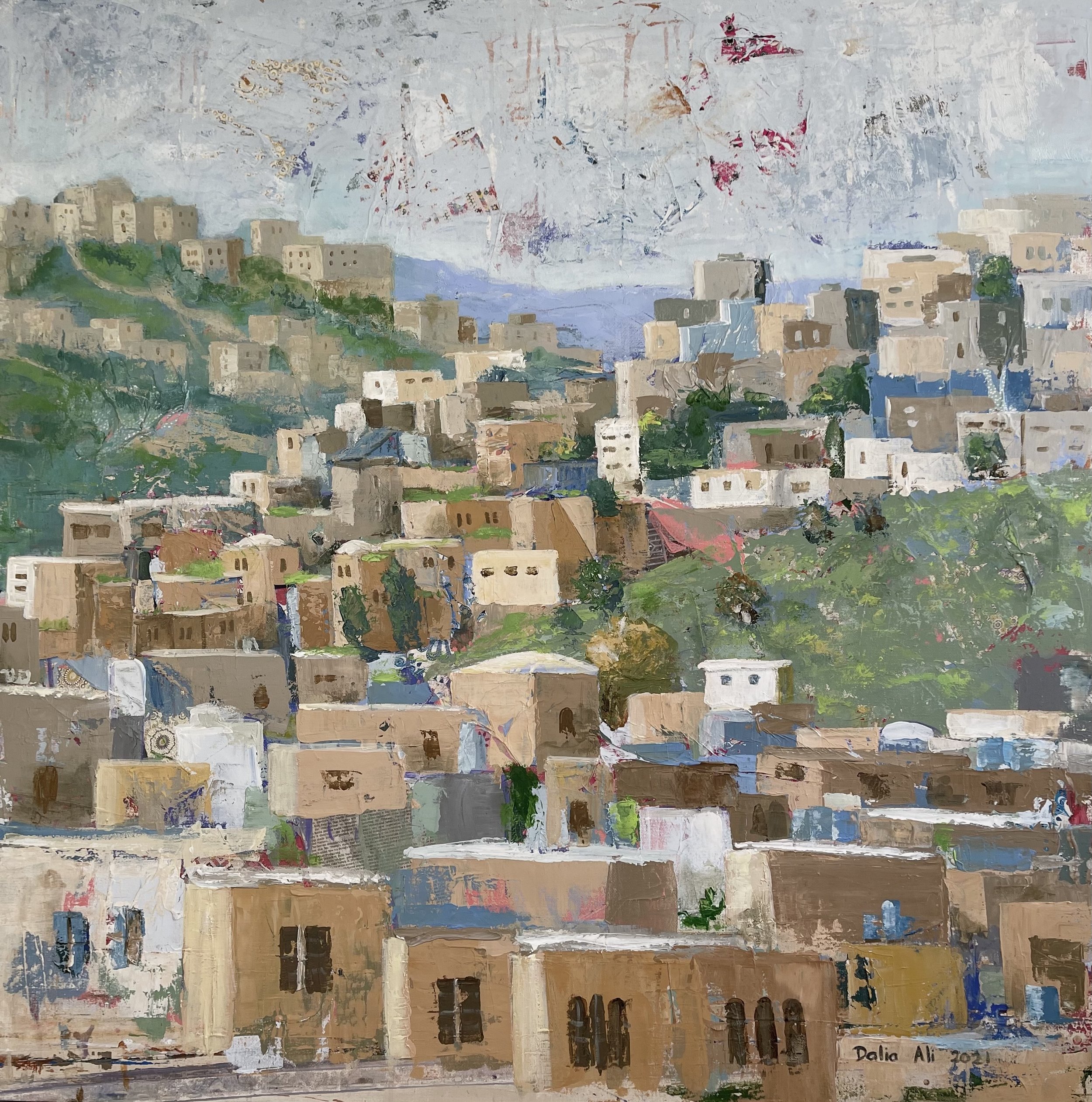 Hebron Houses, Mixed media on canvas, 110x110 cm
