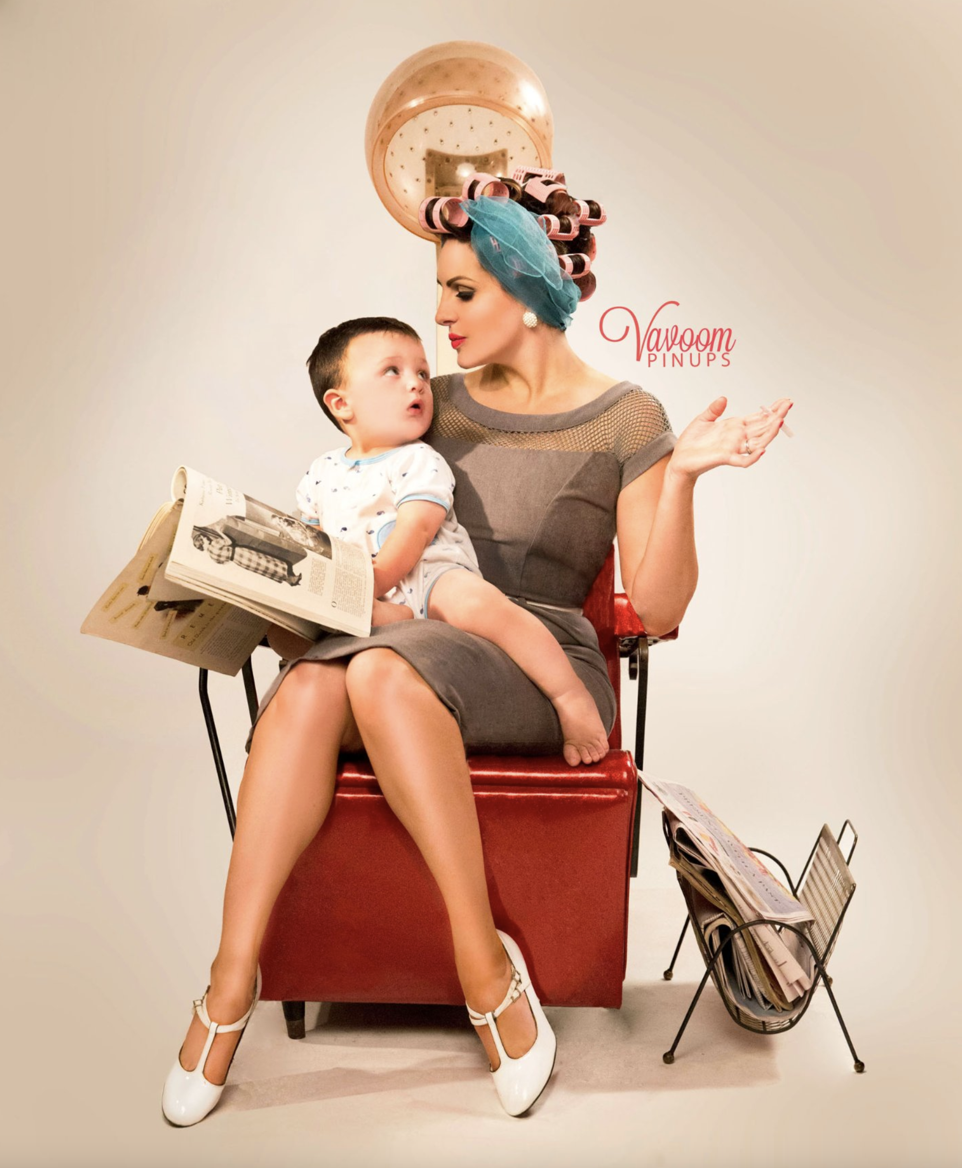 Old-Time Hairdryer Chair:
The babysitter canceled, but the show must go on! Beauty rituals, reimagined across time.