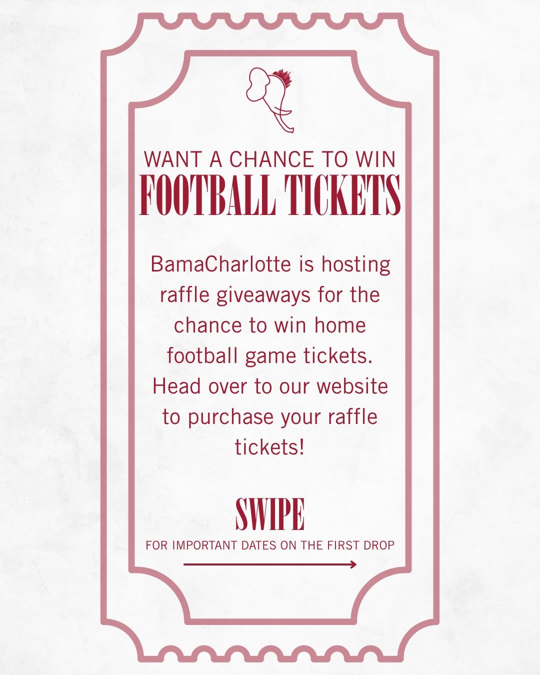 🏈 HOME FOOTBALL GAME TICKET RAFFLES ARE BACK 🐘

Head over to our website to buy yours in the first drop for a chance to win a pair of tickets to a home game this season!

1 raffle ticket = $10

BamaCharlote Member Exclusive
3 raffle tickets = $25
5