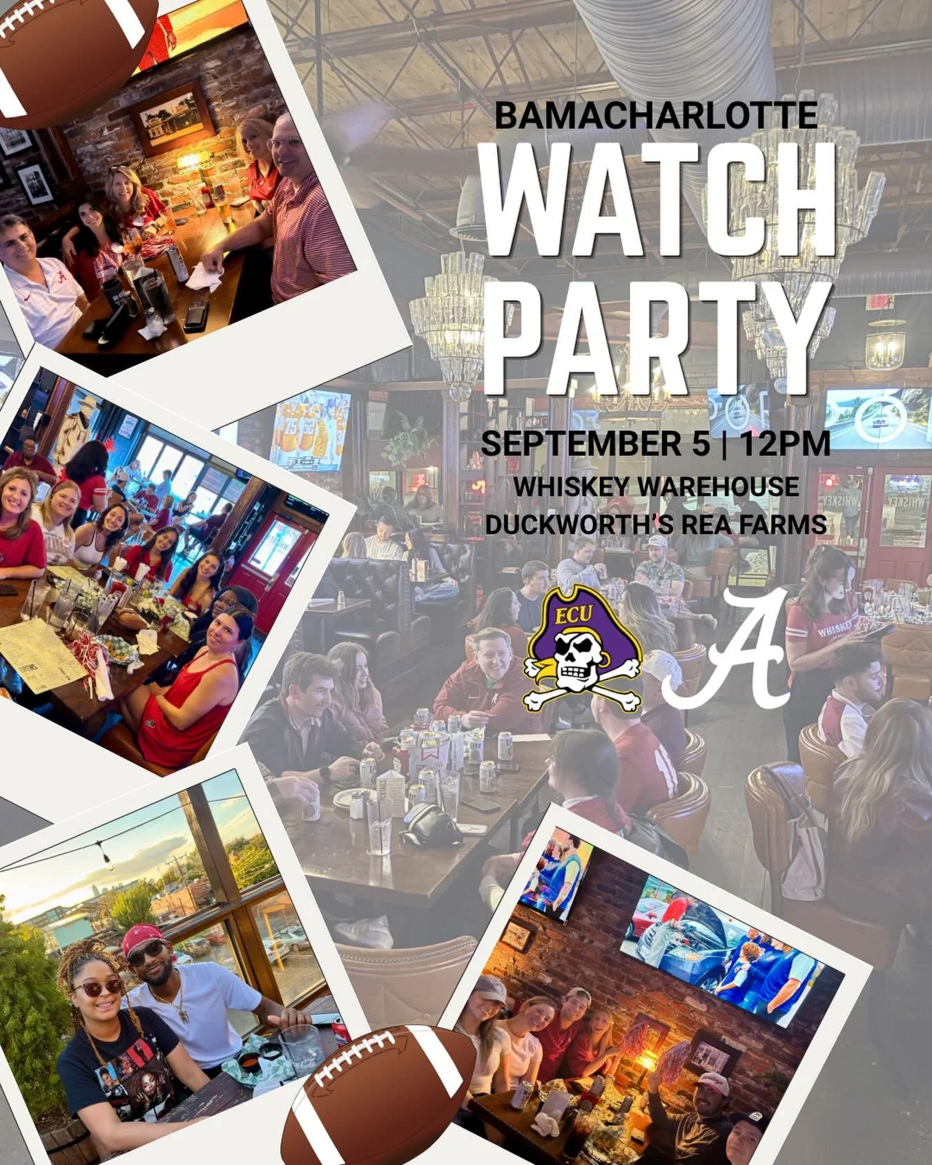 🏈 WE&rsquo;RE BACK 🐘

Join us at&nbsp;@whiskeywarehouseclt&nbsp;and&nbsp;@duckworthsnc to watch the Tide take on the ECU Pirates in the season opener on Saturday at 12pm!

🎟️ LAST WEEK to purchase your raffle tickets for a chance to win USC game t