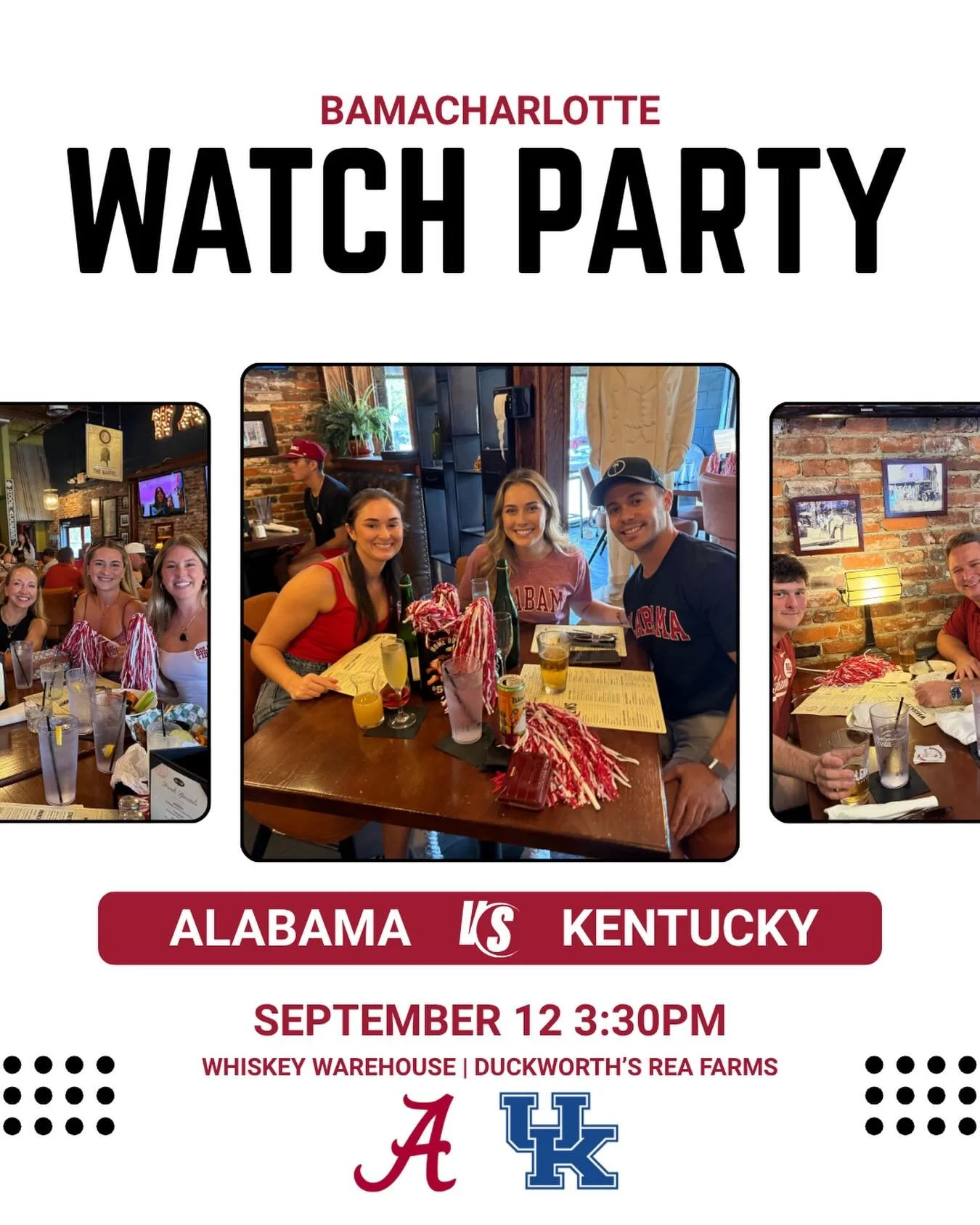 🐱 CAT&rsquo;S IN THE BAG 🏈

Join us this Saturday @whiskeywarehouseclt or @duckworthsnc as the Tide takes on the Wildcats at 3:30pm!

🎟️ GET YOUR RAFFLE TICKETS FOR GEORGIA, A&amp;M, CHATTANOOGA &amp; AUBURN 🔗 link in bio!