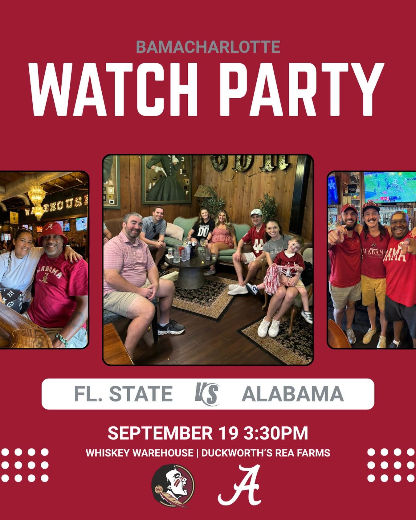 🏹 FS WHO 🏈

Join us this Saturday @whiskeywarehouseclt or @duckworthsnc as the Tide takes on the Seminoles at 3:30pm!

🎟️ GET YOUR RAFFLE TICKETS FOR GEORGIA, A&amp;M, CHATTANOOGA &amp; AUBURN 🔗 link in bio!
