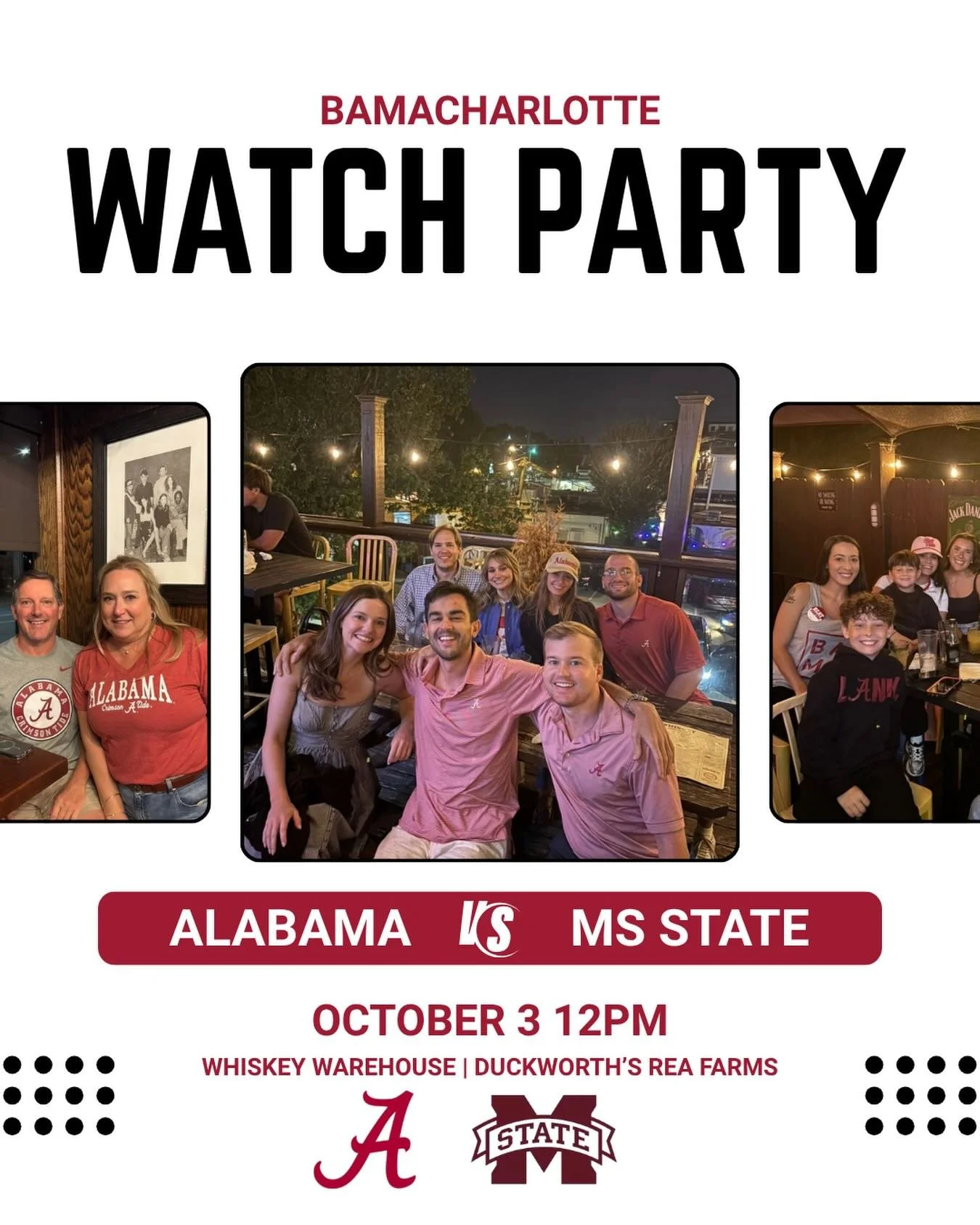🔔 SILENCE THE COWBELLS 🏈

Join us this Saturday @whiskeywarehouseclt or @duckworthsnc as the Tide takes on the Bulldogs at 12pm!

🎟️ GET YOUR RAFFLE TICKETS FOR CHATTANOOGA &amp; AUBURN 🔗 link in bio!