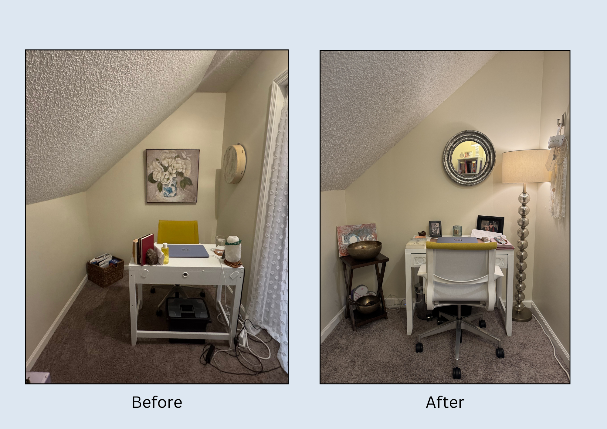 Comparison of an office space before and after cleaning or reorganization. The 'before' side shows a cluttered desk with books, a basket, and clutter, while the 'after' side displays a tidy desk with framed photos, a lamp, and decorative items, along with a round mirror on the wall.