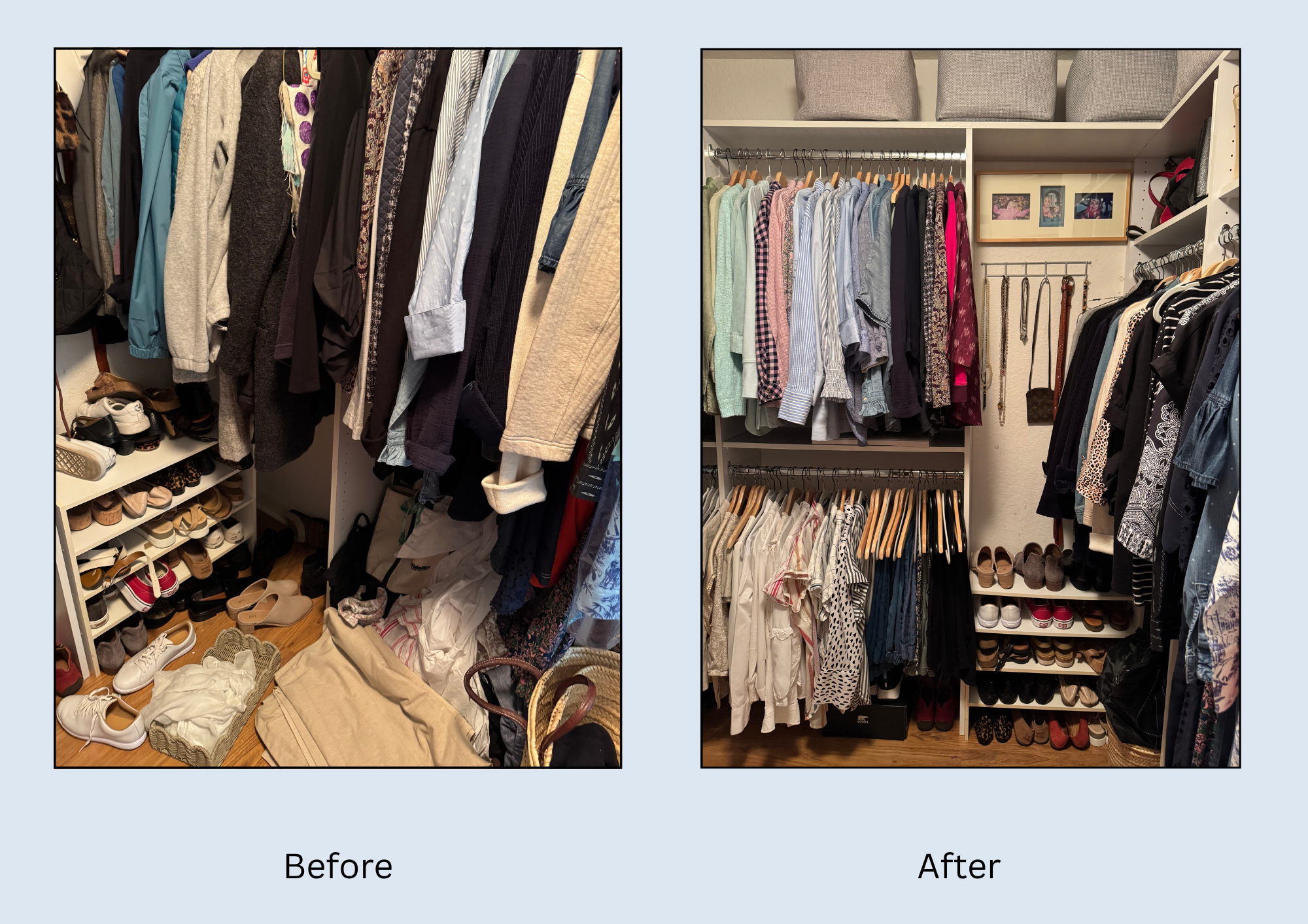 Comparison of two closet organization methods. The "Before" closet is cluttered with shoes on the floor, clothes piled on a chair, and disorganized items. The "After" closet is tidy with clothes neatly hung, shoes organized on shelves, and decorative pillows on a shelf.