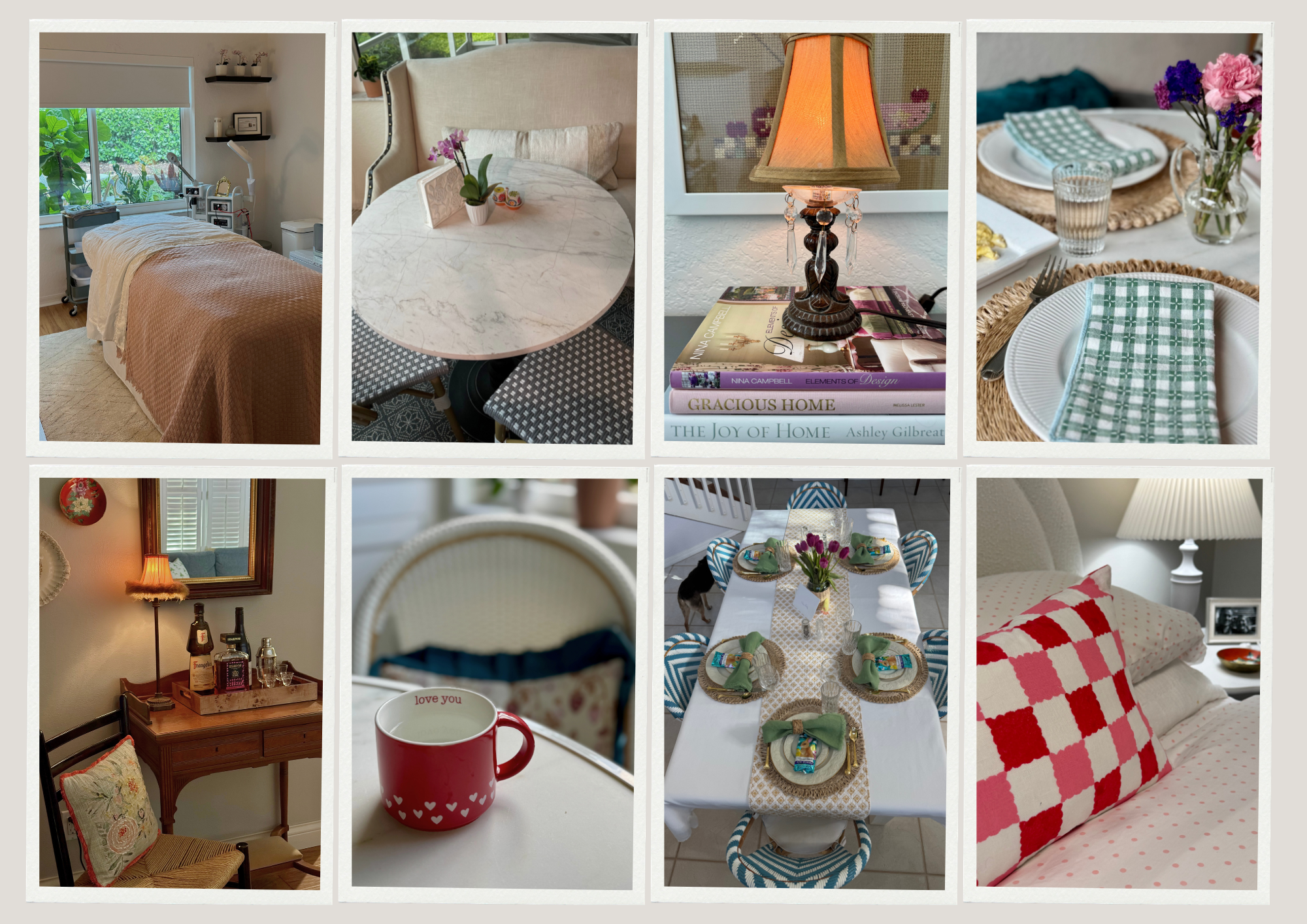 Collage of interior home scenes, including a bedroom with a bed, a dining table with a floral centerpiece and napkins, a lamp with books underneath, a close-up of a table setting with striped napkins and a flower arrangement, an entryway with a mirror and a lamp, a coffee mug with 'love you' written on it, a dining room with a striped chairs and a table set with napkins, and a bedroom with a checkered pillow and a lamp.