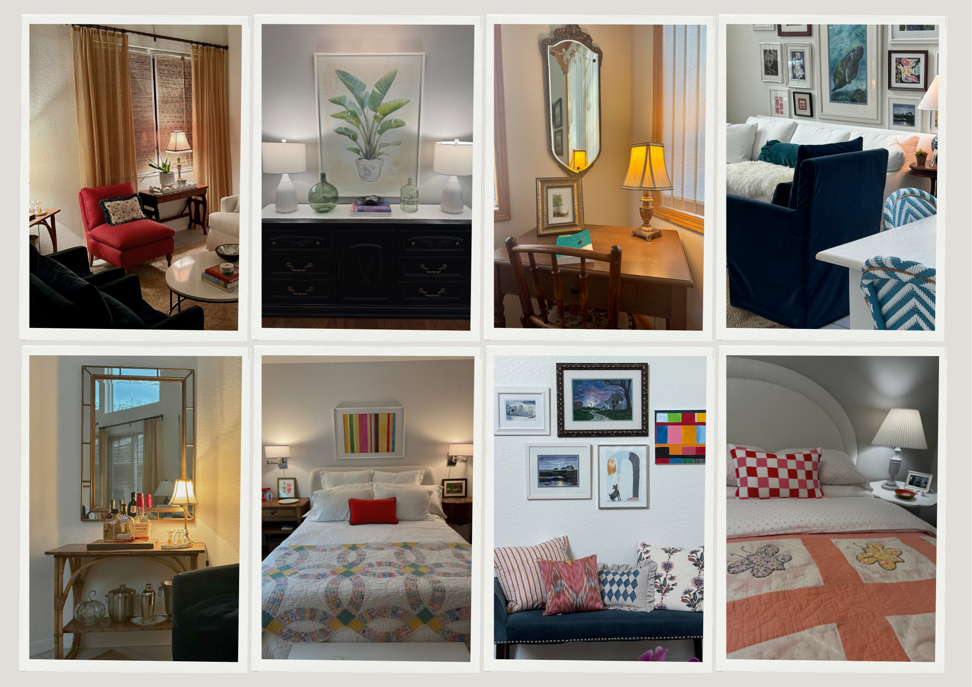 Collage of interior home spaces including living rooms and bedrooms with furniture, artwork, and decor.
