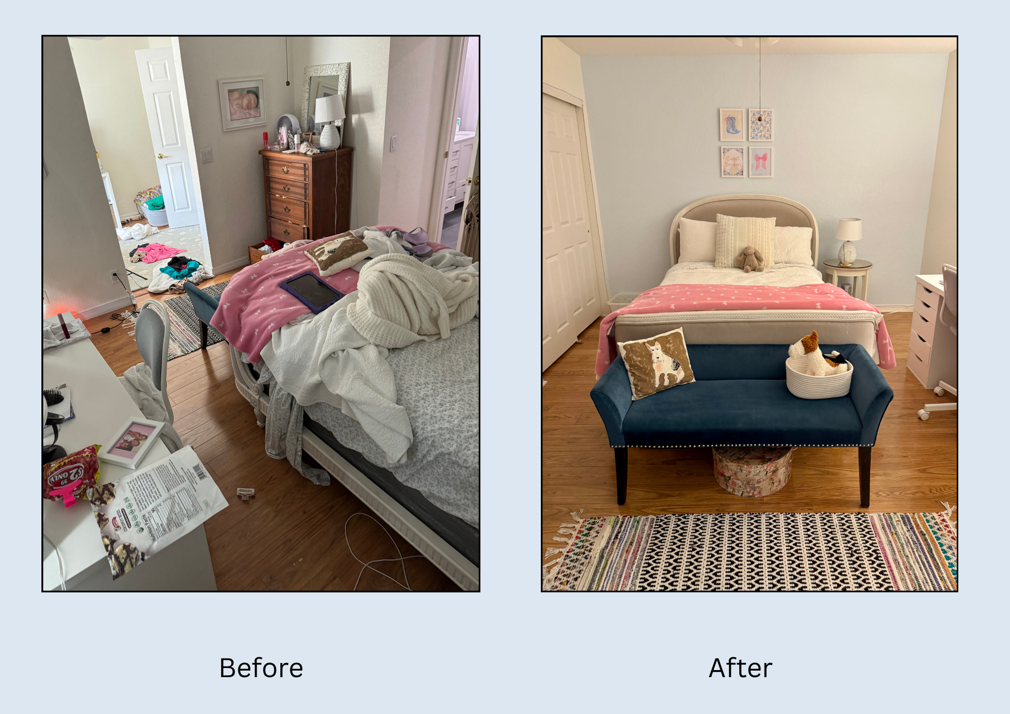 Side-by-side comparison of a cluttered bedroom before and a clean, organized bedroom after cleaning. The 'before' side shows a messy bed with clothes, a pile of laundry, and a cluttered dresser. The 'after' side displays a tidy bed with a teddy bear, framed pictures on the wall, a clean nightstand with a lamp, and a neat rug.