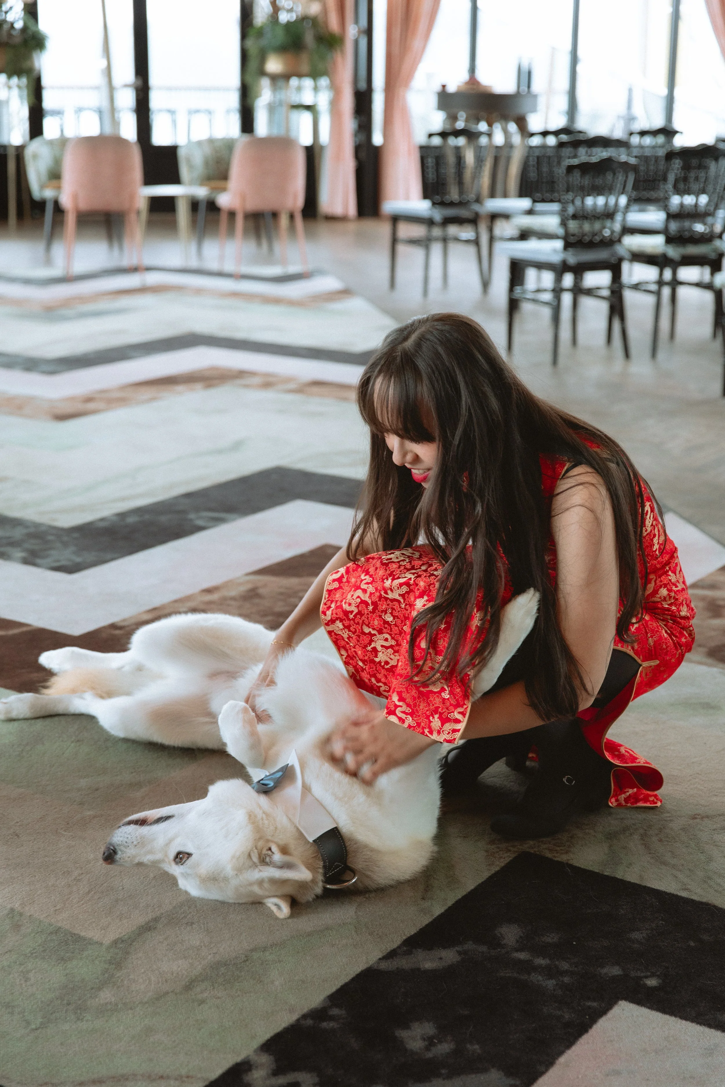 Cinematische trouwfotografie. Filmische stijl bruid met hond.