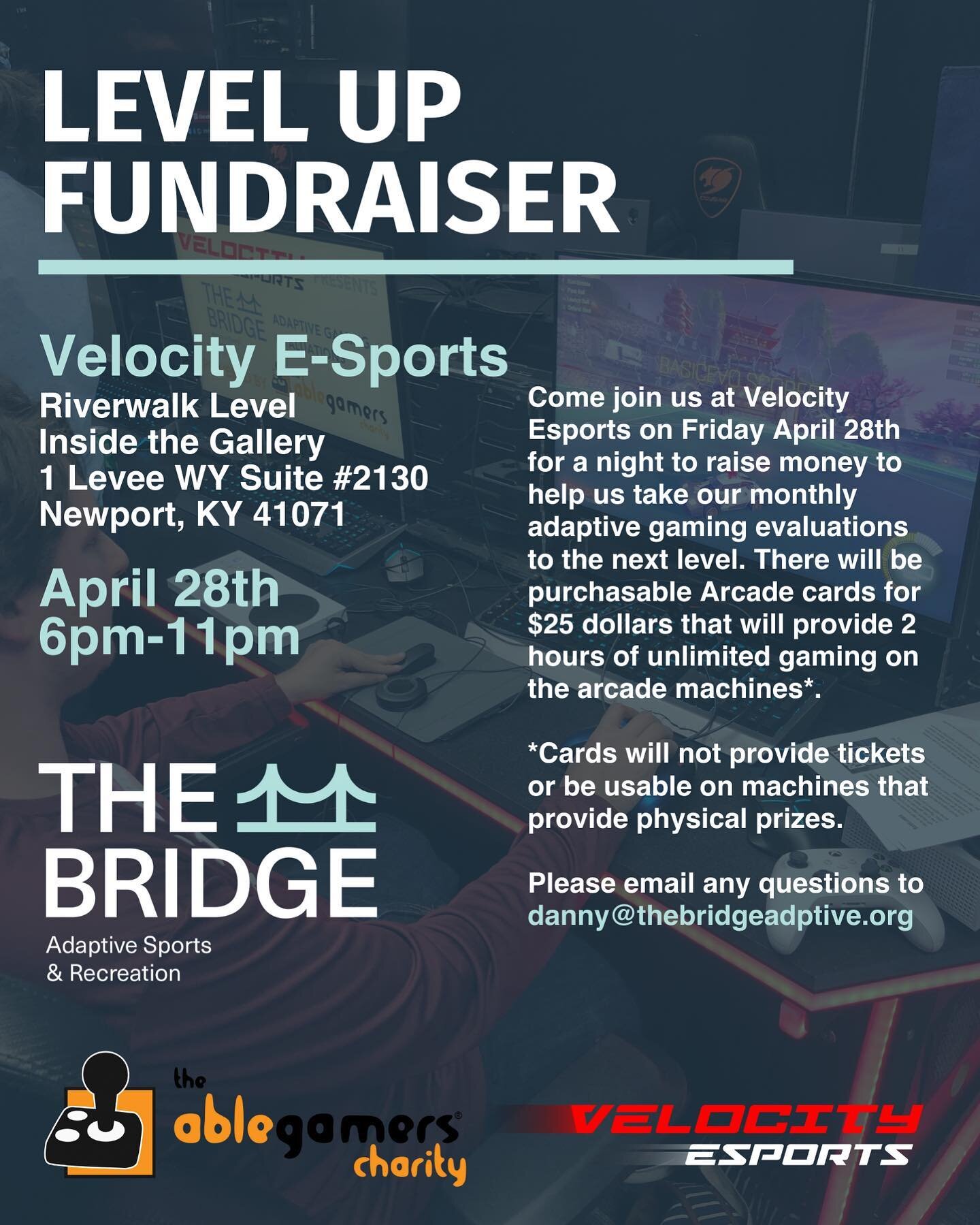 Don&rsquo;t miss out on a night filled with unlimited gaming, all for charity! Join us at @velocityesportsinc tomorrow night to help fundraise for the @thebridgeadaptive organization so we can raise money for the local adaptive gaming program! Hope t