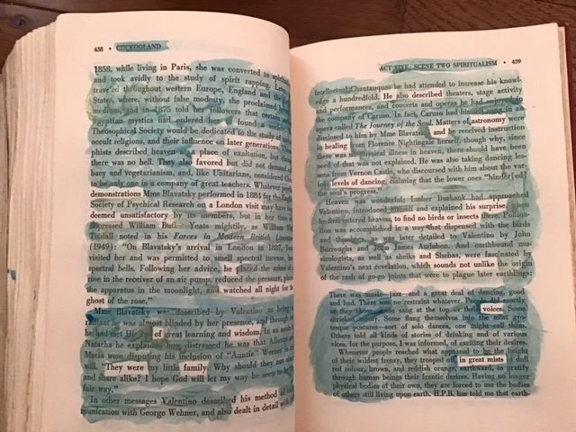 Blue and gold paint on the pages of an old book reveals a new text.