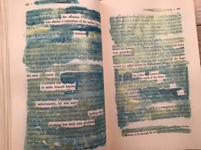 Paint on the page of a biography reveals a new text.
