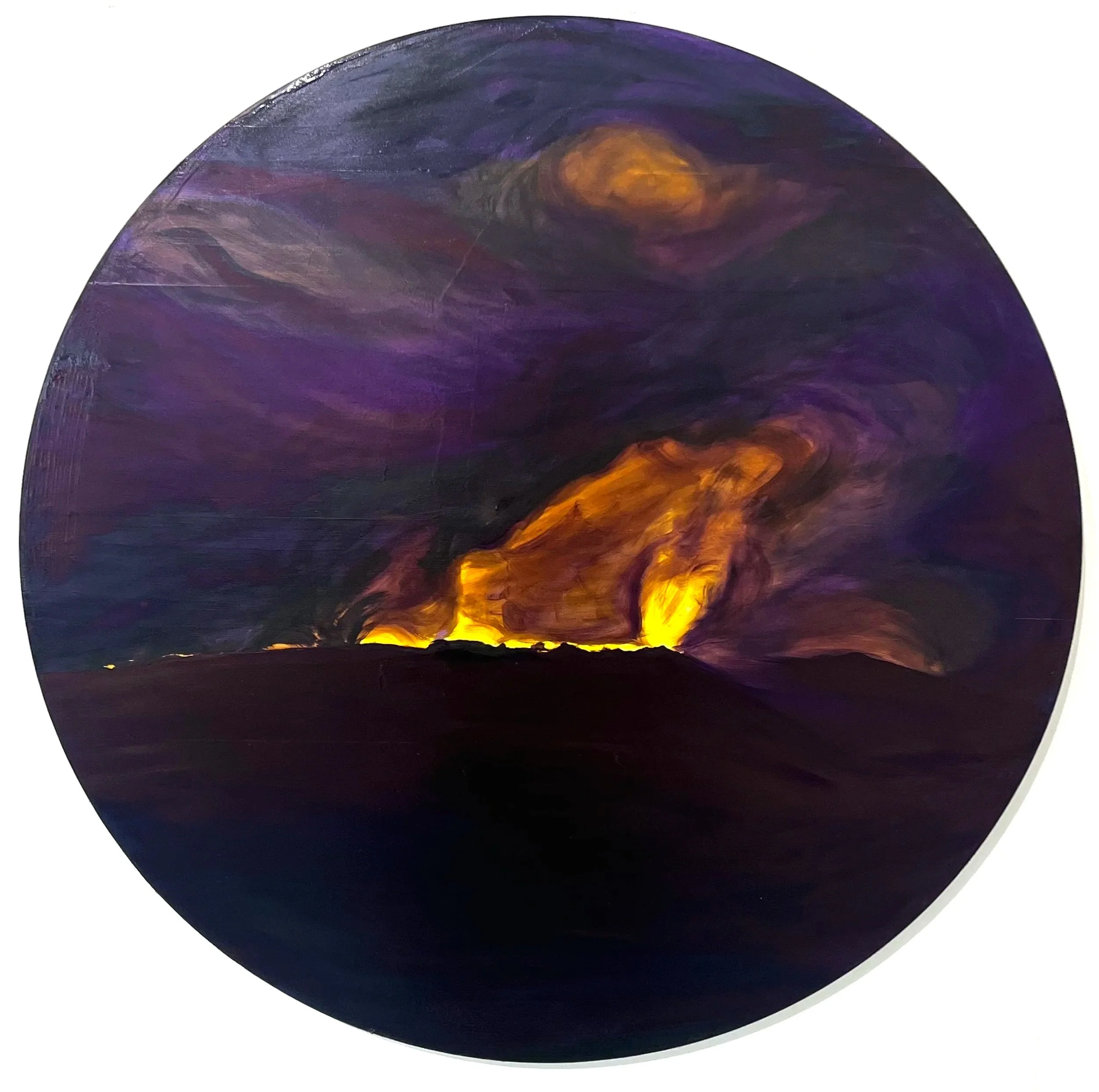 North Rim Fire, Night | Oil on wood panel |
24" round | 2025