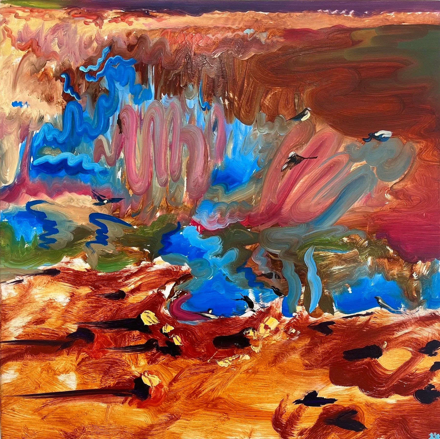 Bluebirds at Pond's Edge | Oil on wood panel 
 12" x 12" | 2025