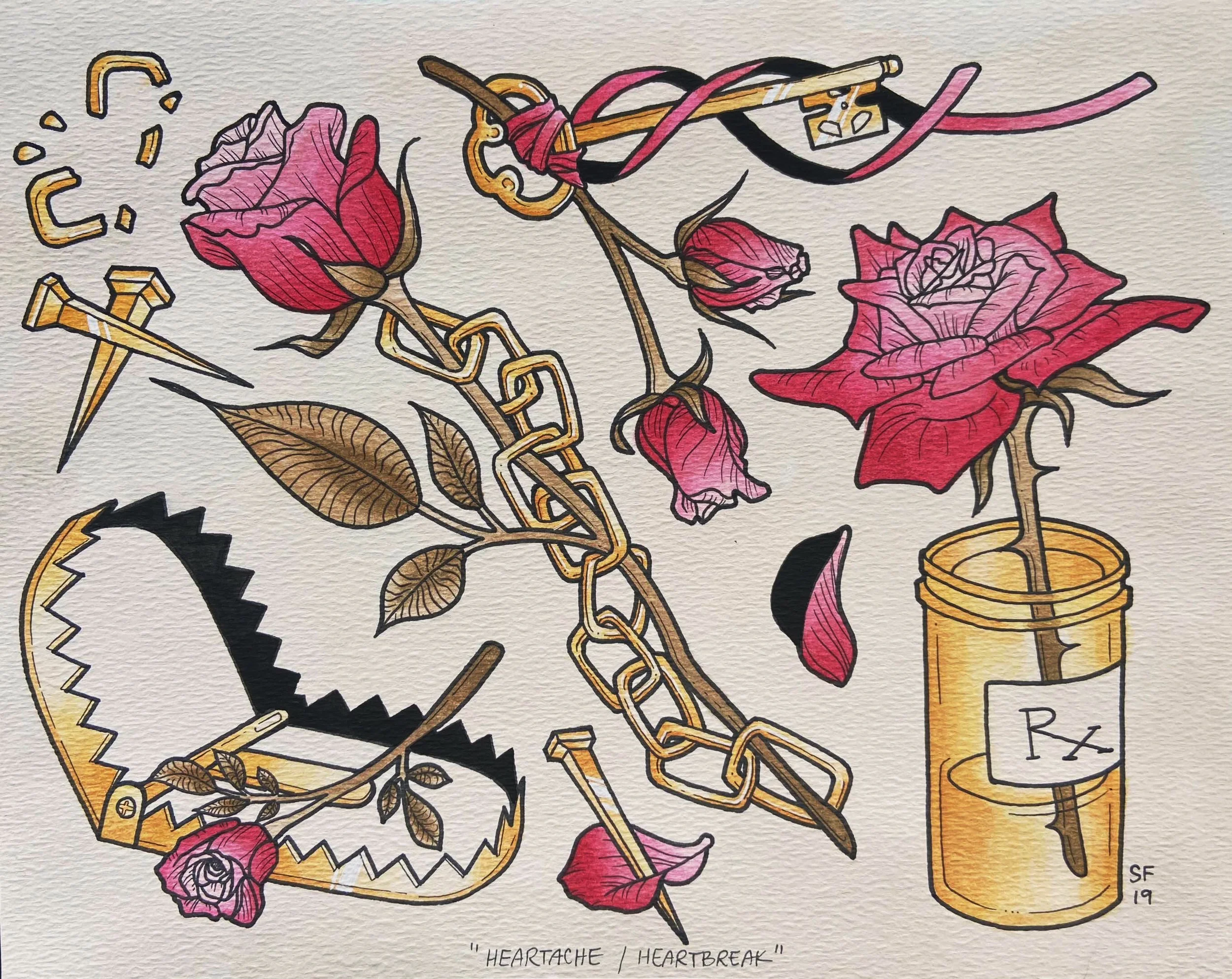 HEARTACHE / HEARTBREAK  - pen, watercolor - 10" x 8"