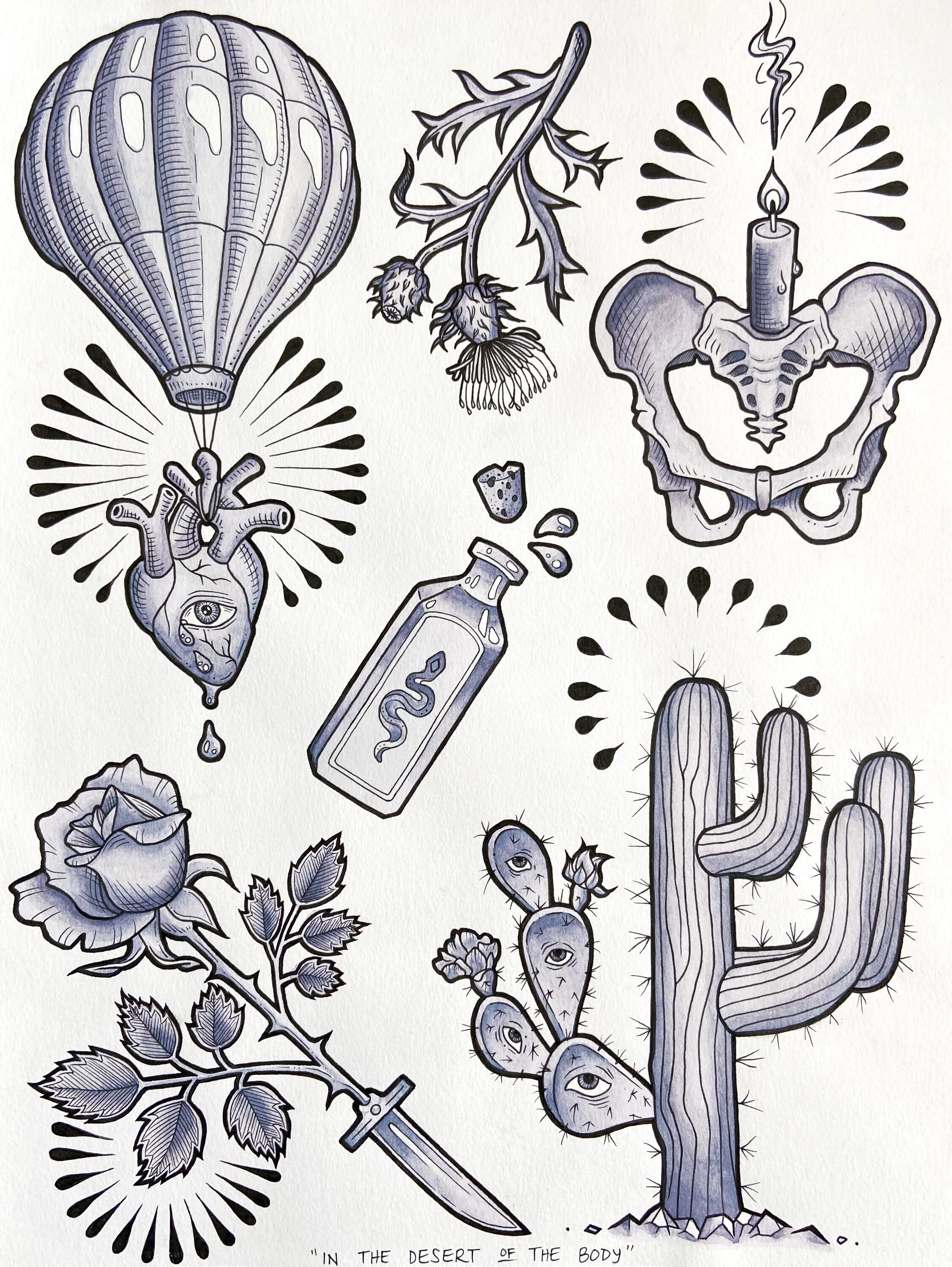 IN THE DESERT OF THE BODY - pen, watercolor - 9" x 12"