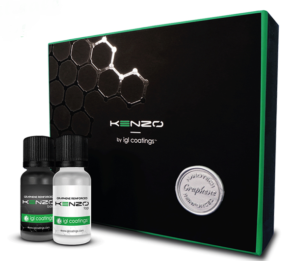 Kenzo brand box with two small bottles labeled 'IGL Coatings' in front, one black and one silver, indicating graphene reinforcement products.