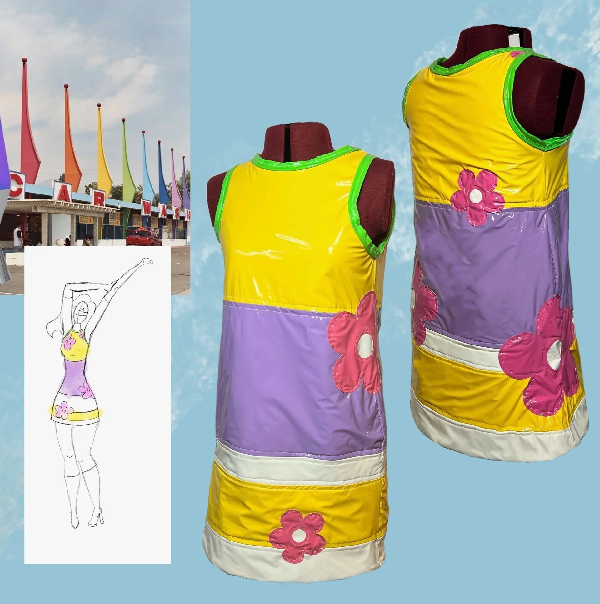 Colorful dress made from yellow, purple, and white fabric with pink flower appliqués displayed on a mannequin against a sky background.