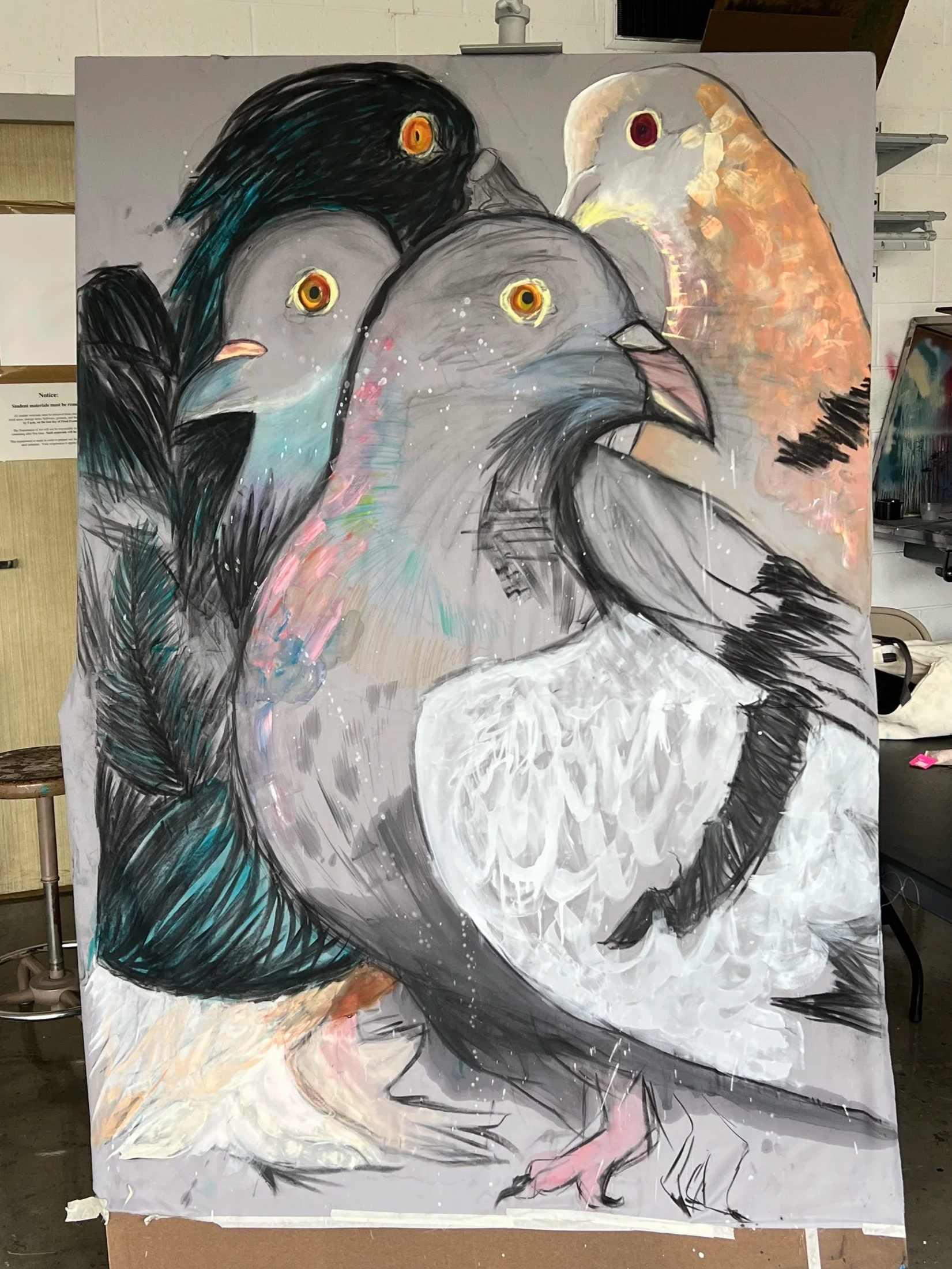 Abstract art painting of three pigeons with black, grey, and white feathers and orange and red eyes, set against a grey background.