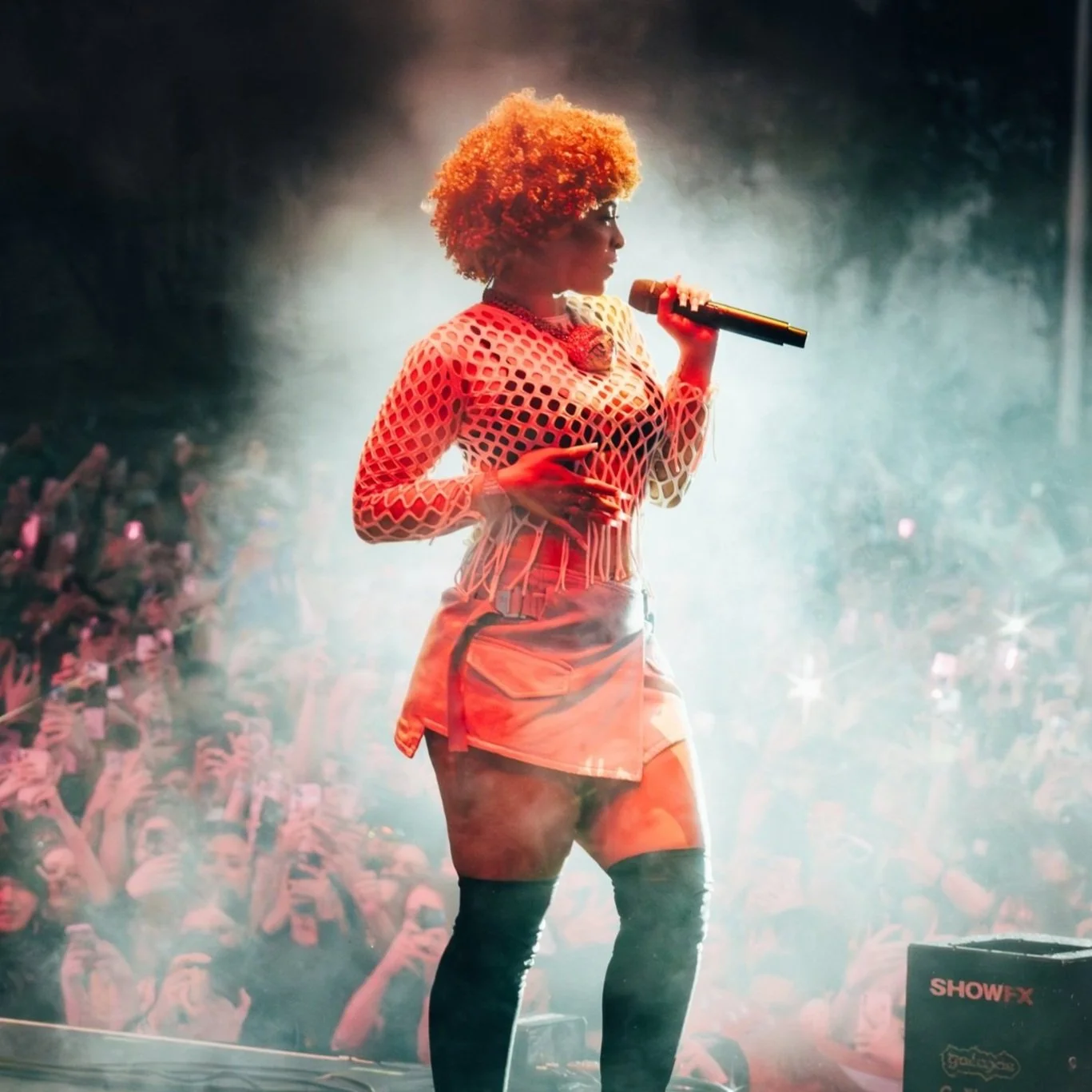 A singer with curly orange hair performing on stage, holding a microphone, with a large crowd in the background.