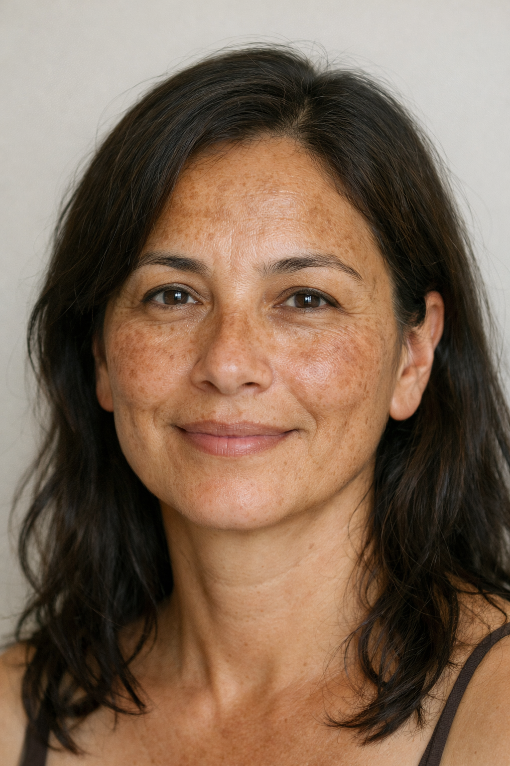 Close-up of a magnifying glass focusing on moles on a person's neck.