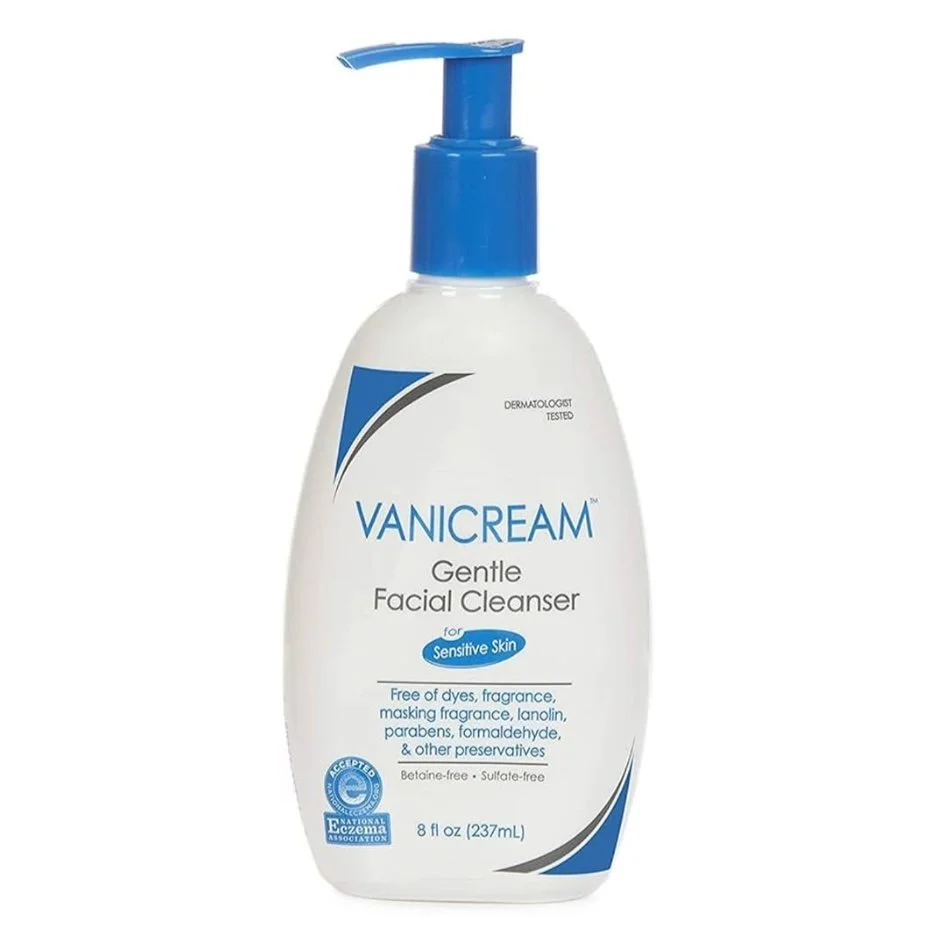 Vanicream Gentle Facial Cleanser bottle for sensitive skin, white with blue pump, 8 fl oz.