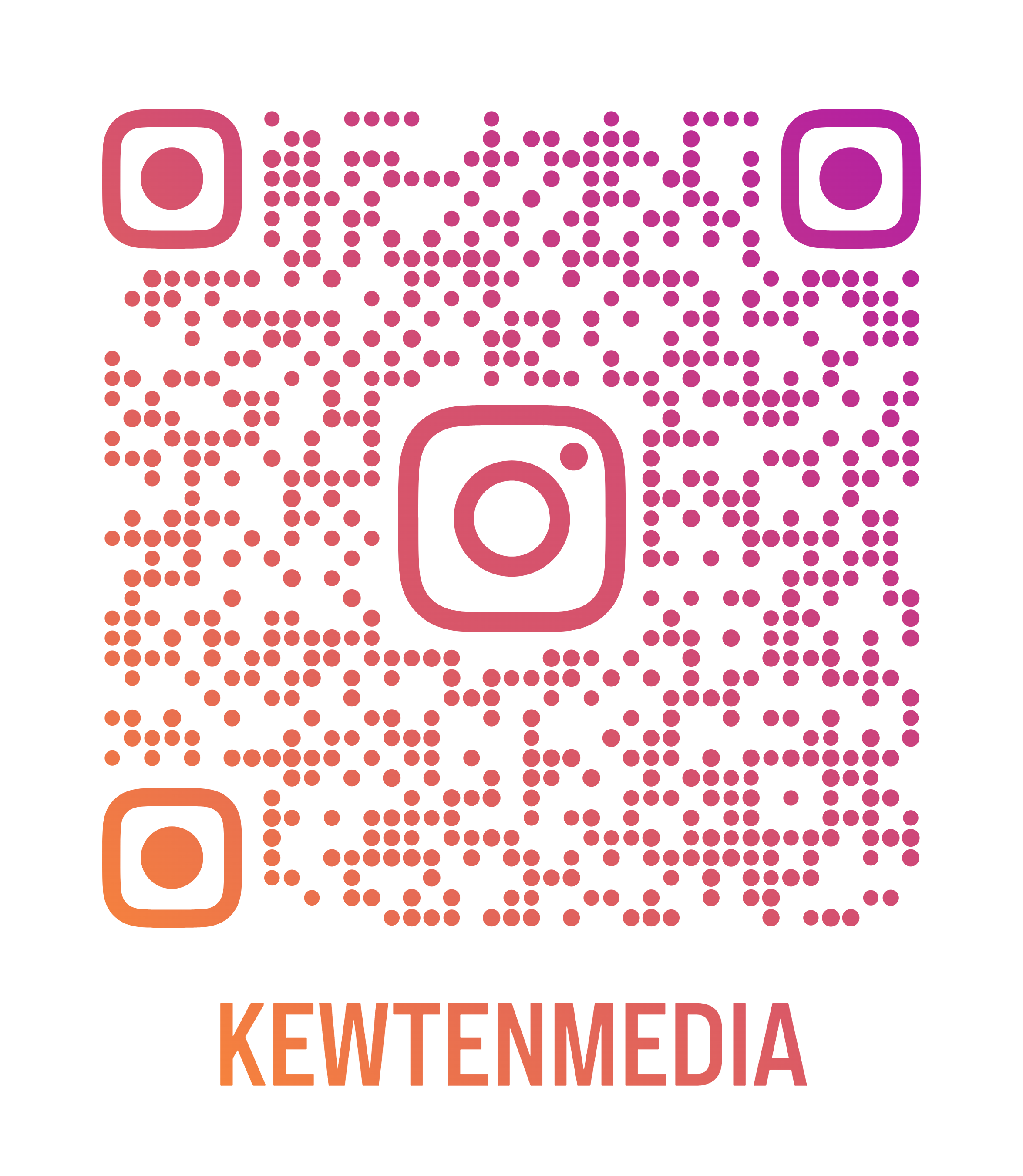 QR code with pink and purple dots, and orange text reading KEWTEENMEDIA below.
