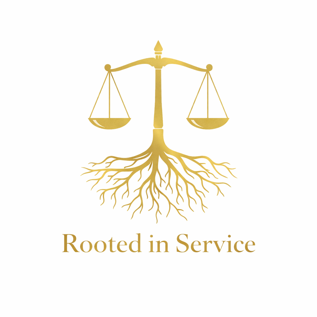 Gold-colored scale of justice with roots extending from its base, and the text "Rooted in Service" underneath.