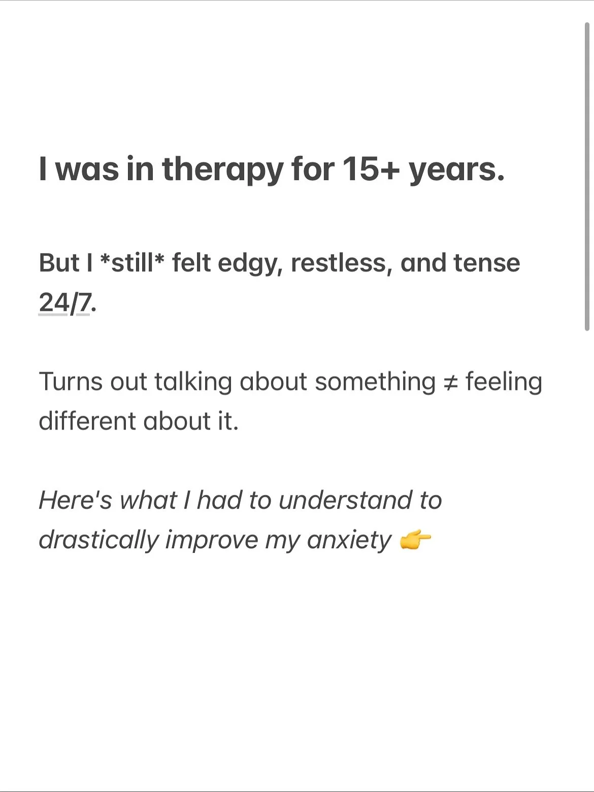 You&rsquo;ve already done the mindset work. 

You&rsquo;ve journaled, you&rsquo;ve learned all the CBT techniques, and are super self-aware of your own patterns. 

But underneath the surface, your body tells a different story: 
👉Dread when you wake 
