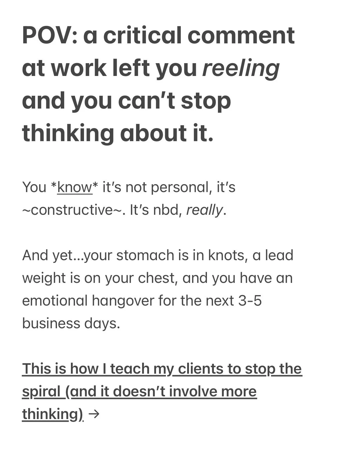 CLIENT STORY 👇

My client had been working through a stressful situation at work for months. 

One session, she said she was having a particularly bad day worrying about the situation. 

Even though she &ldquo;knew&rdquo; she was fine in her head, s