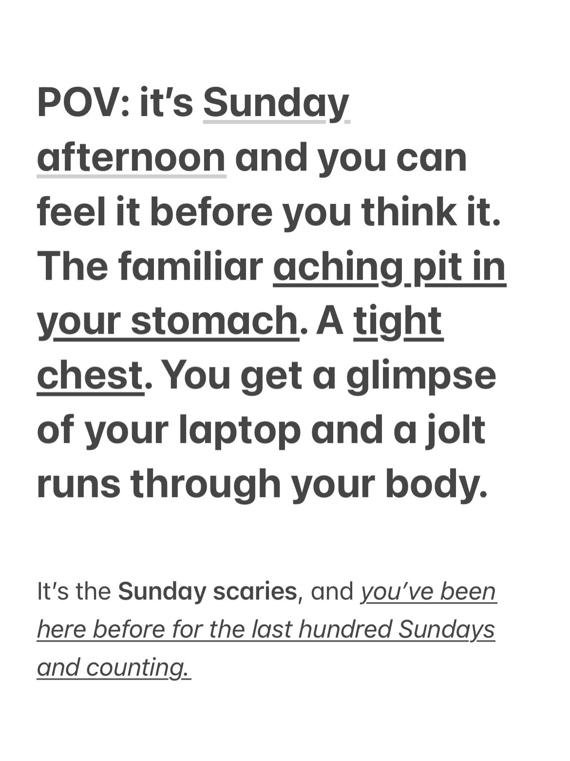 It&rsquo;s not just &ldquo;Sunday Scaries.&rdquo; 😬

It&rsquo;s your body not feeling safe heading into your week. 

Your body is preemptively preparing you for your week ahead, and the stressors that it&rsquo;s learned come with it.

But that also 