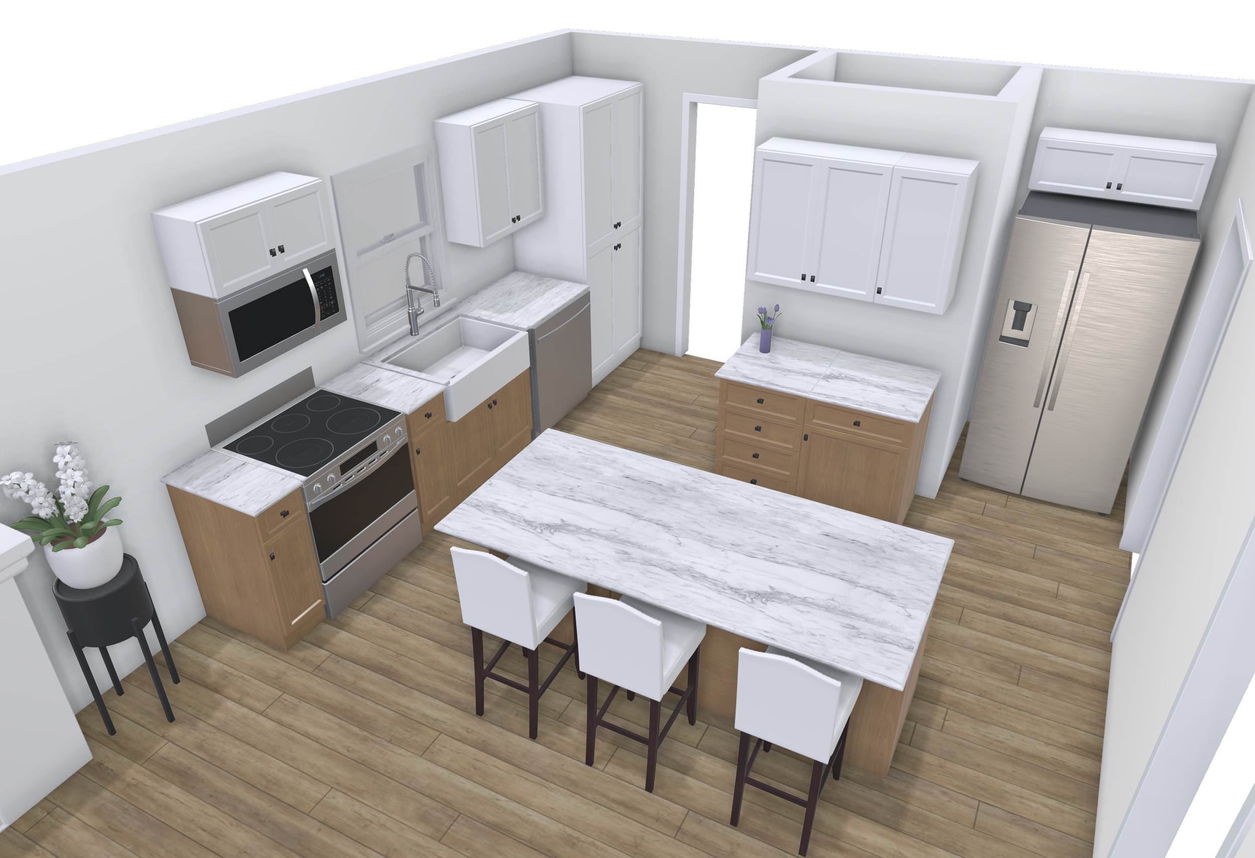 3D kitchen design with marble countertops, white cabinets, wooden island, modern appliances, and hardwood floors.