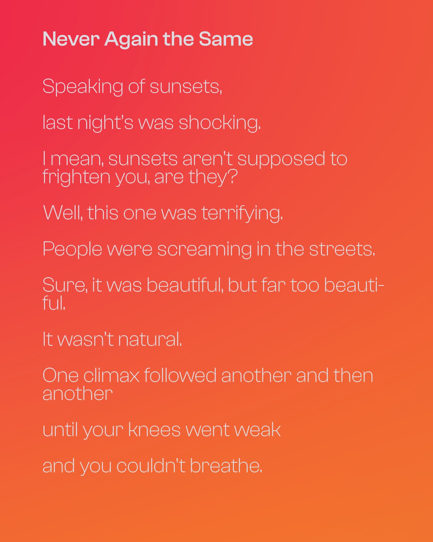 Interrupting my regular scheduled content to do something I've never done before: share a poem. It's by James Tate, and I heard it read on a podcast (thanks @dearhankandjohn). It moved me more than any piece of writing ever has. 

Something about the