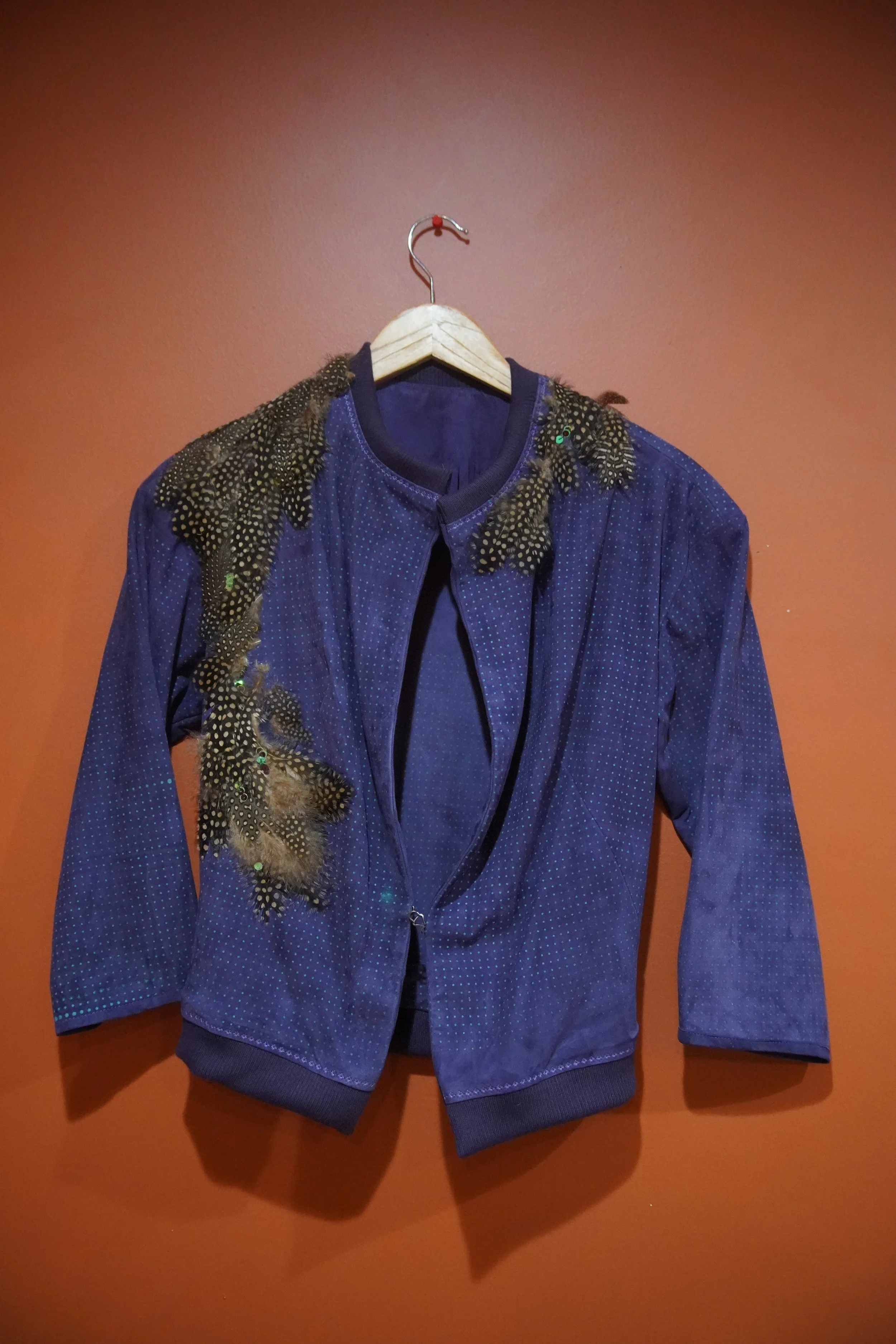 polka dot Screen printed suede cardigan with sequined feathers