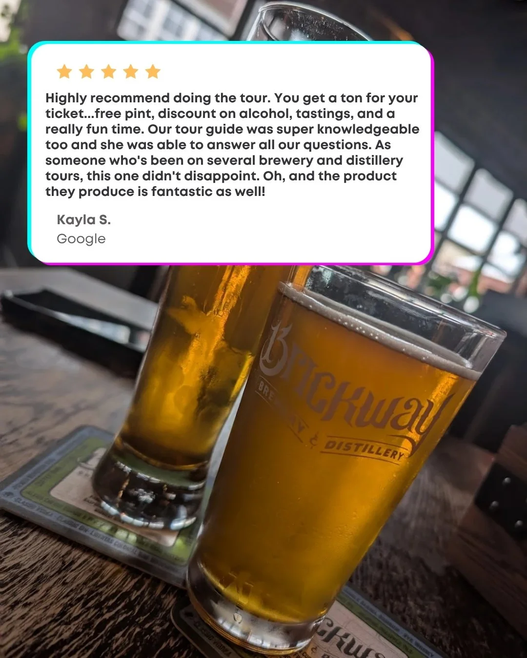 Don't take our word for it...

Book your tour today at https://www.drinkbrickway.com/tour-and-tasting

#SupportLocal | #DrinkLocal | #DrinkBrickway