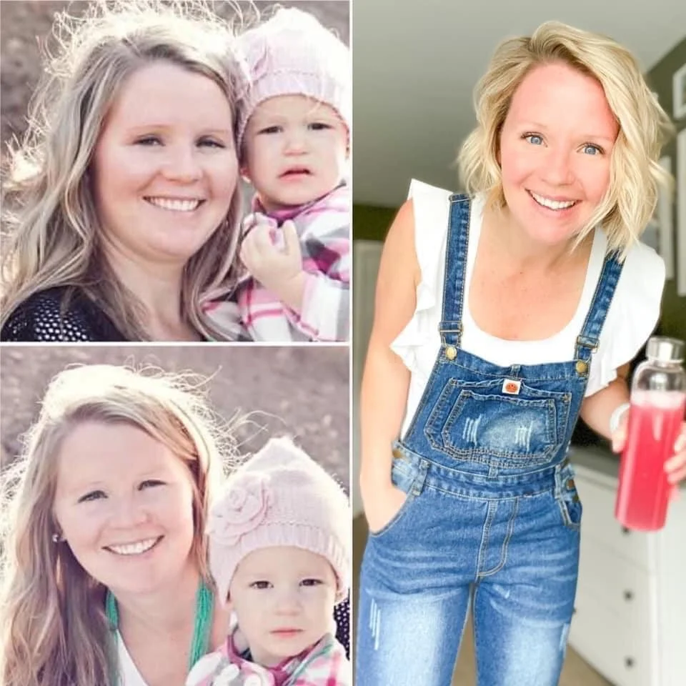 A collage of three photos featuring a woman and a young girl. The woman has blonde hair and is smiling in all images. In the top left and bottom left photos, the girl is wearing a pink knit hat and a plaid shirt, with the woman outdoors. In the right photo, the woman is indoors, wearing denim overalls and a white shirt, holding a pink water bottle.