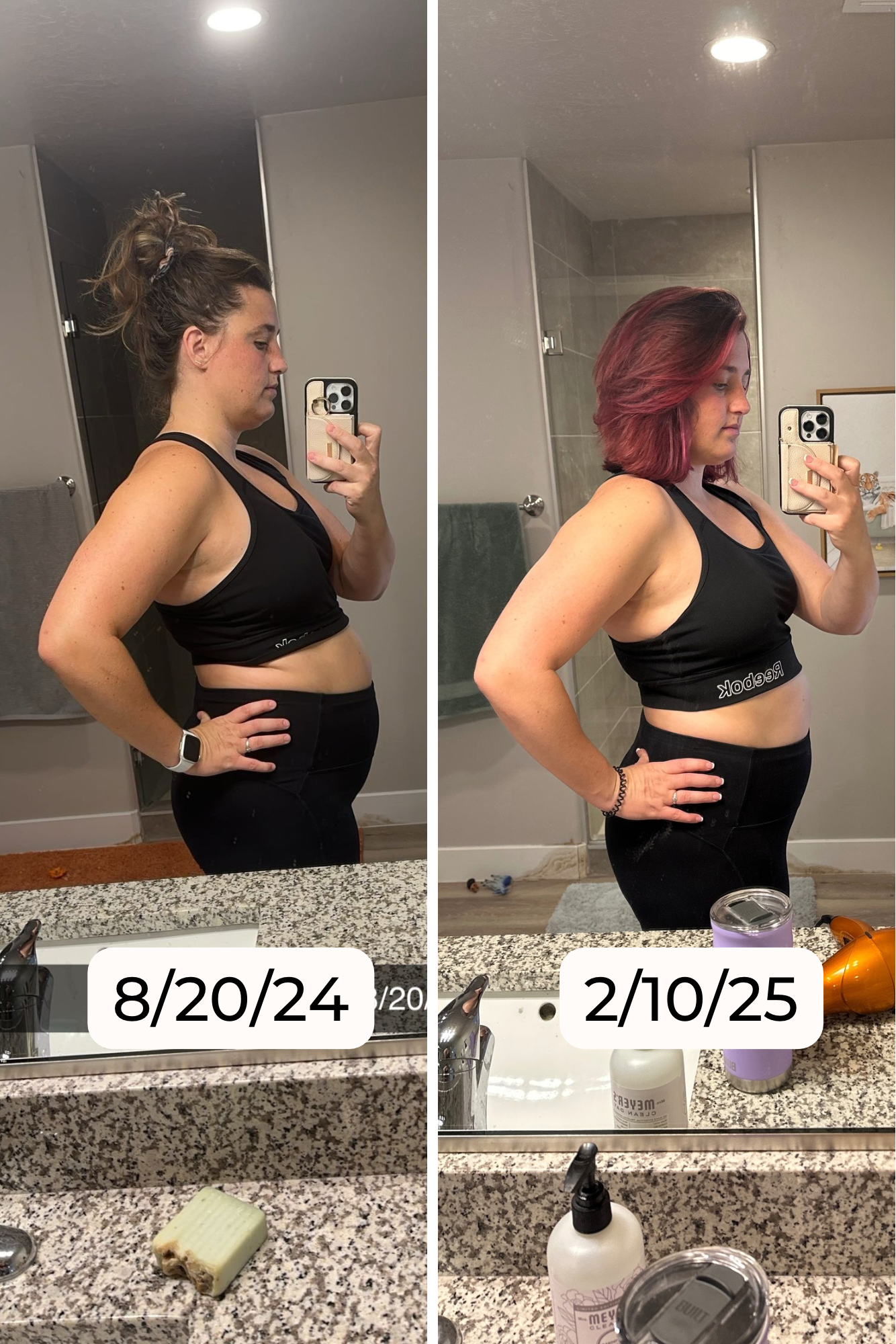 Side-by-side mirror selfies of a woman showing her weight loss progress between August 20, 2024, and February 10, 2025, in a bathroom with a granite sink countertop, various toiletries, and a towel. In the first photo, she has longer hair tied up and more body fat; in the second, she has shorter, dyed red hair and appears slimmer.