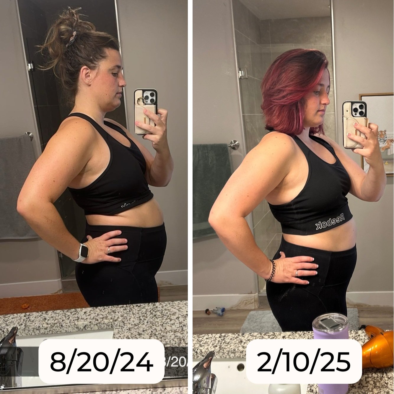 Side-by-side comparison of a woman taking mirror selfies in a bathroom showing her weight loss progress. The left photo is dated August 20, 2024, and the right photo is February 10, 2025, showing her with a slimmer physique and different hairstyle.