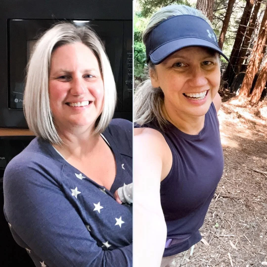 A side-by-side comparison of a woman smiling, with a home indoor background on the left and outdoors forest background on the right, wearing different athletic clothing and hats.