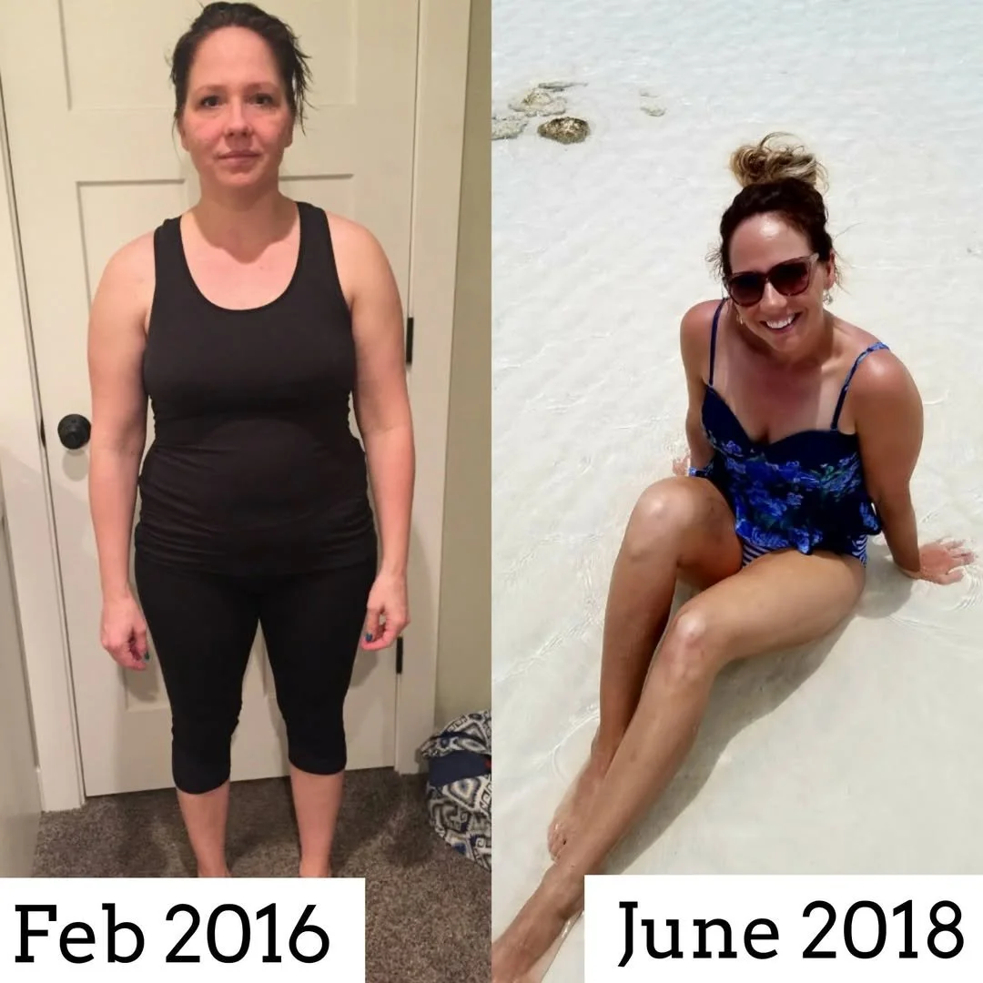 Side-by-side photos of a woman showing weight loss progress. The left shows her in February 2016 wearing a black athletic outfit, and the right in June 2018 on a beach in a blue swimsuit, smiling.