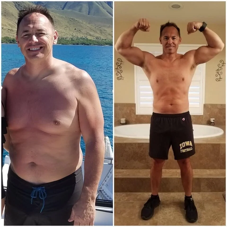 Side-by-side photos showing a man before and after a fitness transformation. On the left, the man is smiling at a lake, shirtless with a relaxed physique, and on the right, he is flexing his muscles indoors with a more toned and muscular physique, wearing black shorts with Iowa football.
