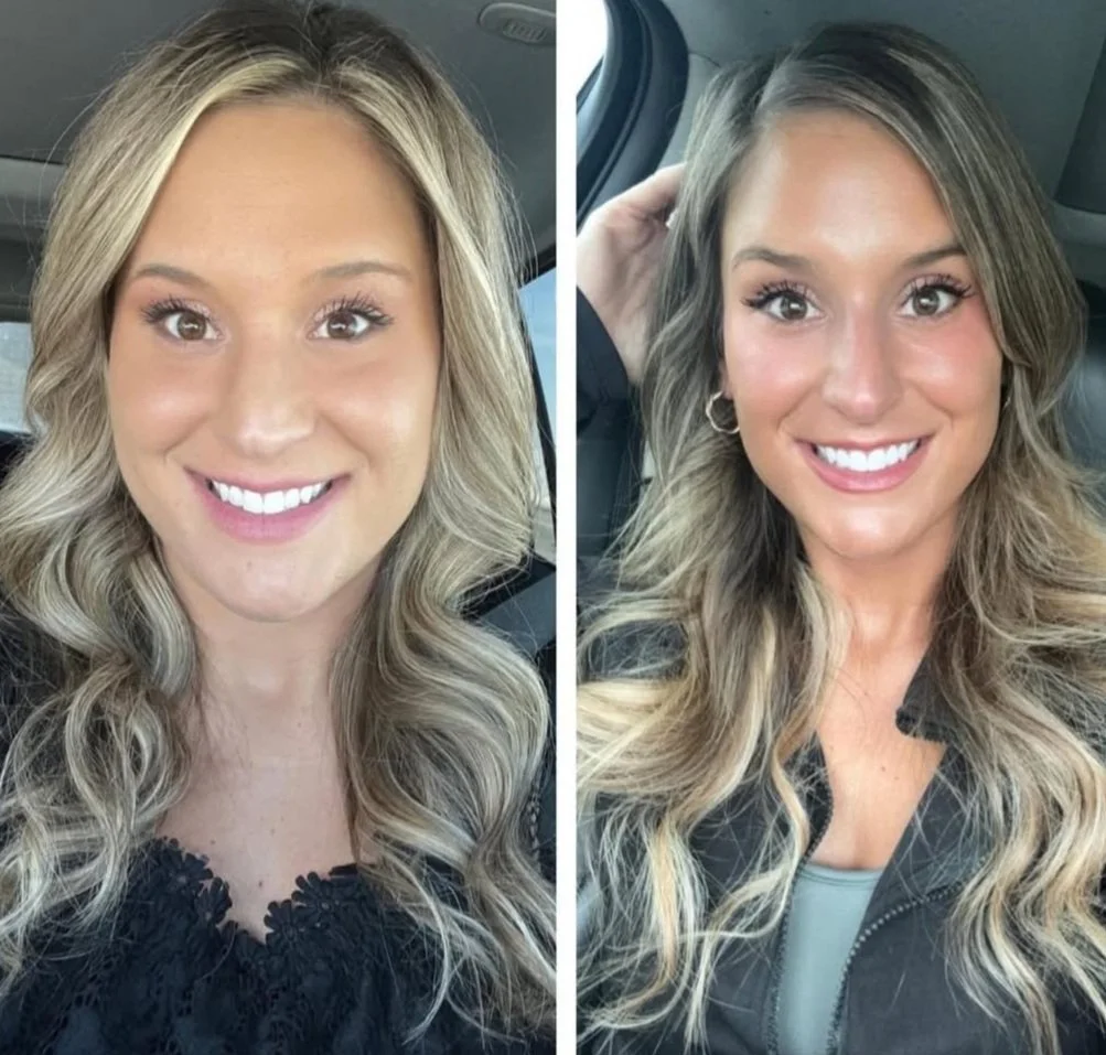 Side-by-side photos of a woman with long, wavy blonde hair smiling in a car, showing before and after hair styling or makeup.