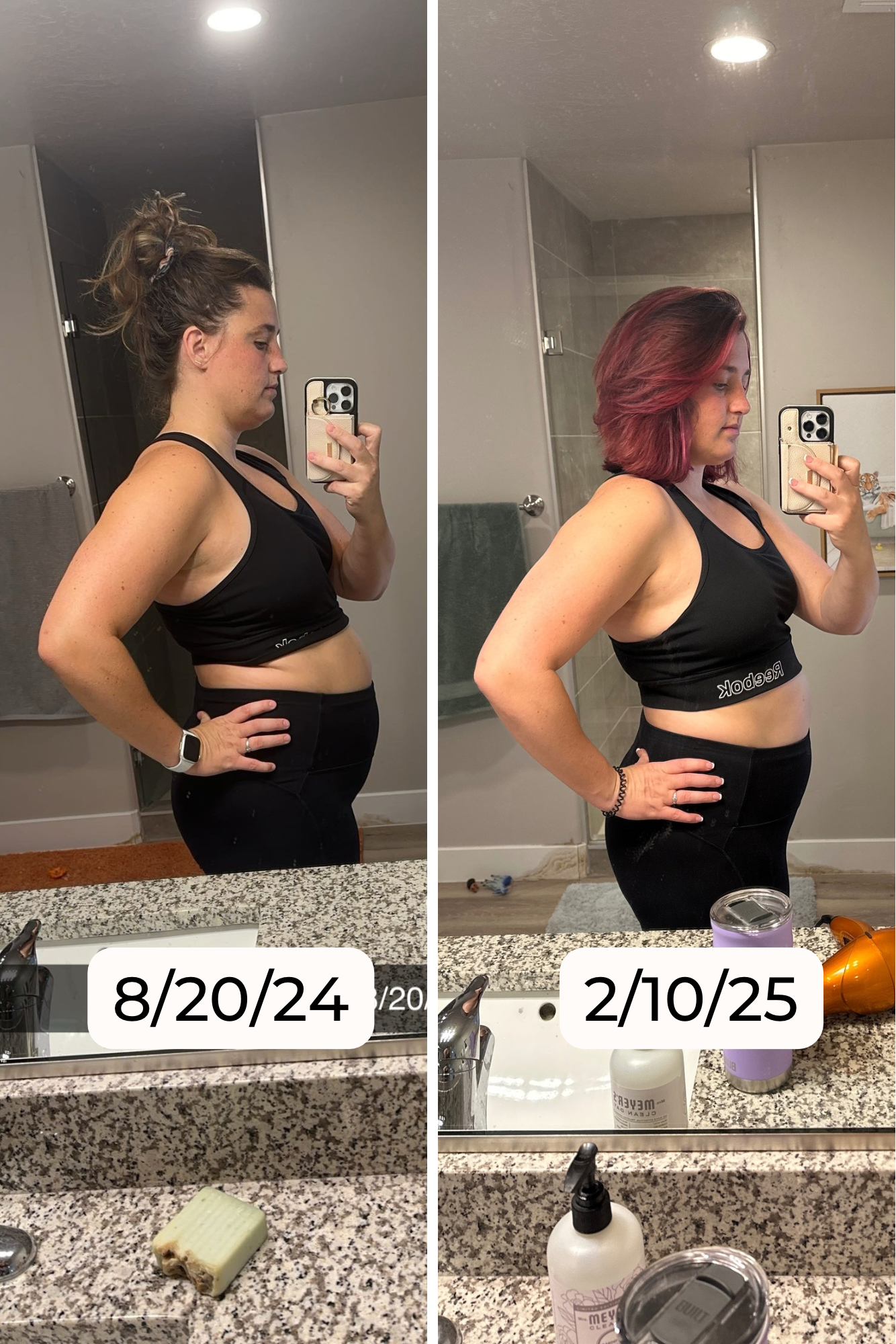 Side-by-side mirror selfies of a woman showing her weight loss progress. The left photo is dated 8/20/24 and the right 2/10/25. She is wearing a black workout top and black leggings, with her hair styled differently in each photo. The bathroom counter with a soap dispenser, a purple cup, and a hair dryer is visible in both images.
