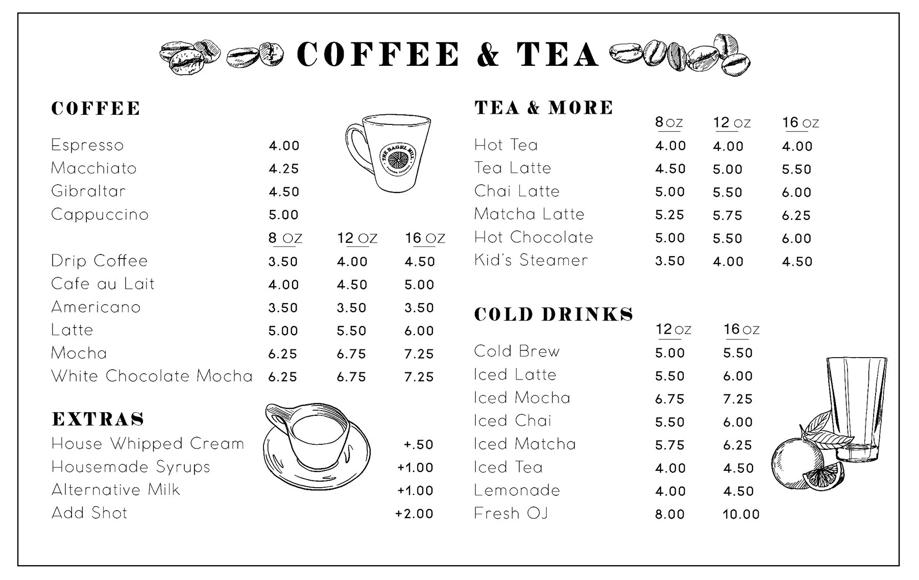 The Bagel Mill Coffee & Tea Menu: Coffee, Tea, Cold Drinks, Extras, and More