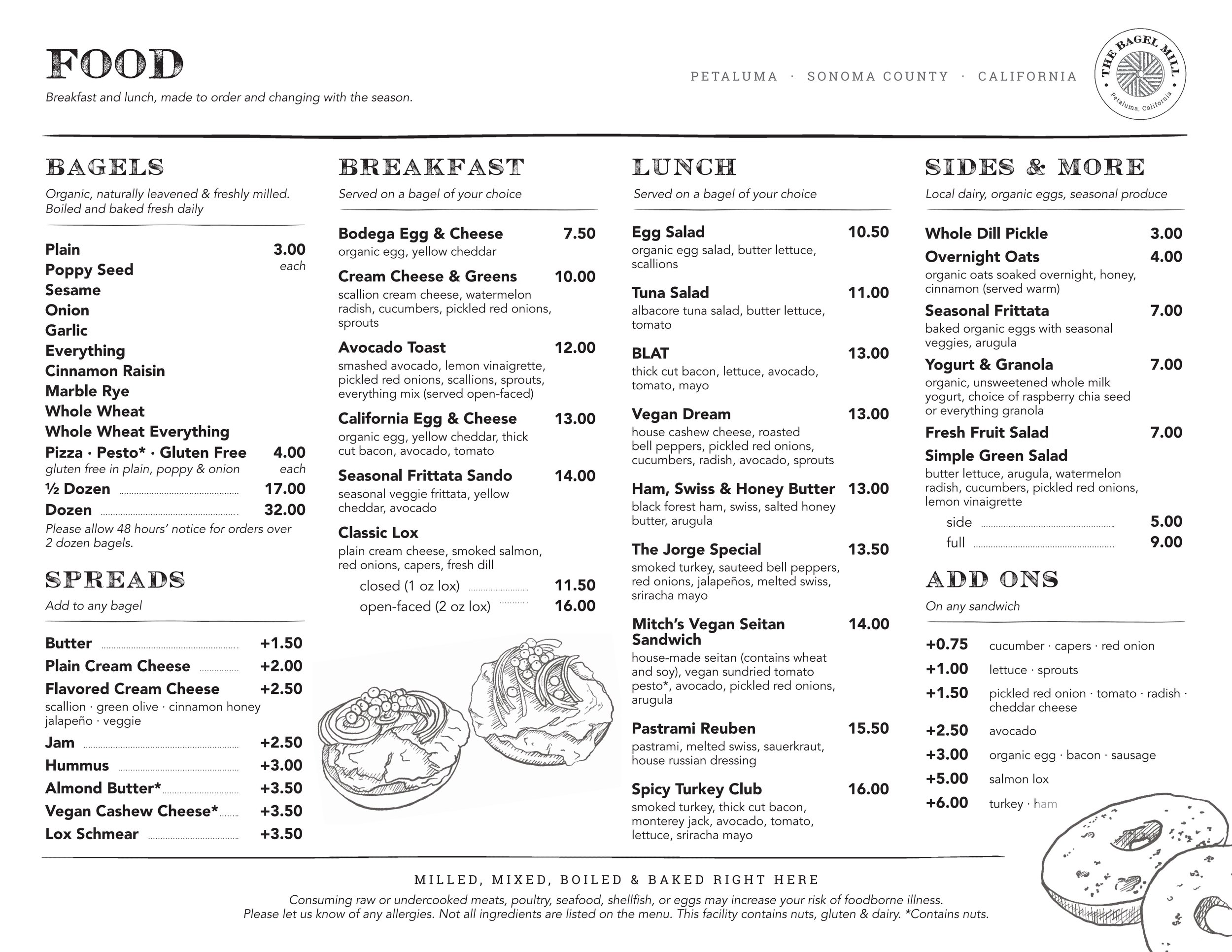 The Bagel Mill food menu, Fall 2026: bagels, spreads, breakfast and lunch sandwiches, sides and add-ons with prices.
