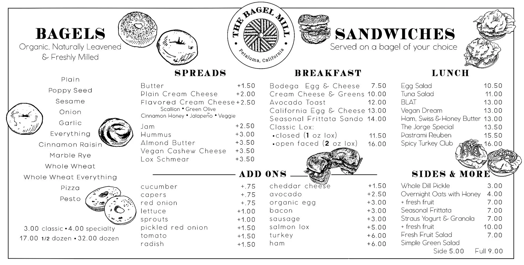 The Bagel Mill Food Menu: Bagels, Spreads, Breakfast Sandwiches, Lunch Sandwiches, Sides, and Add Ons