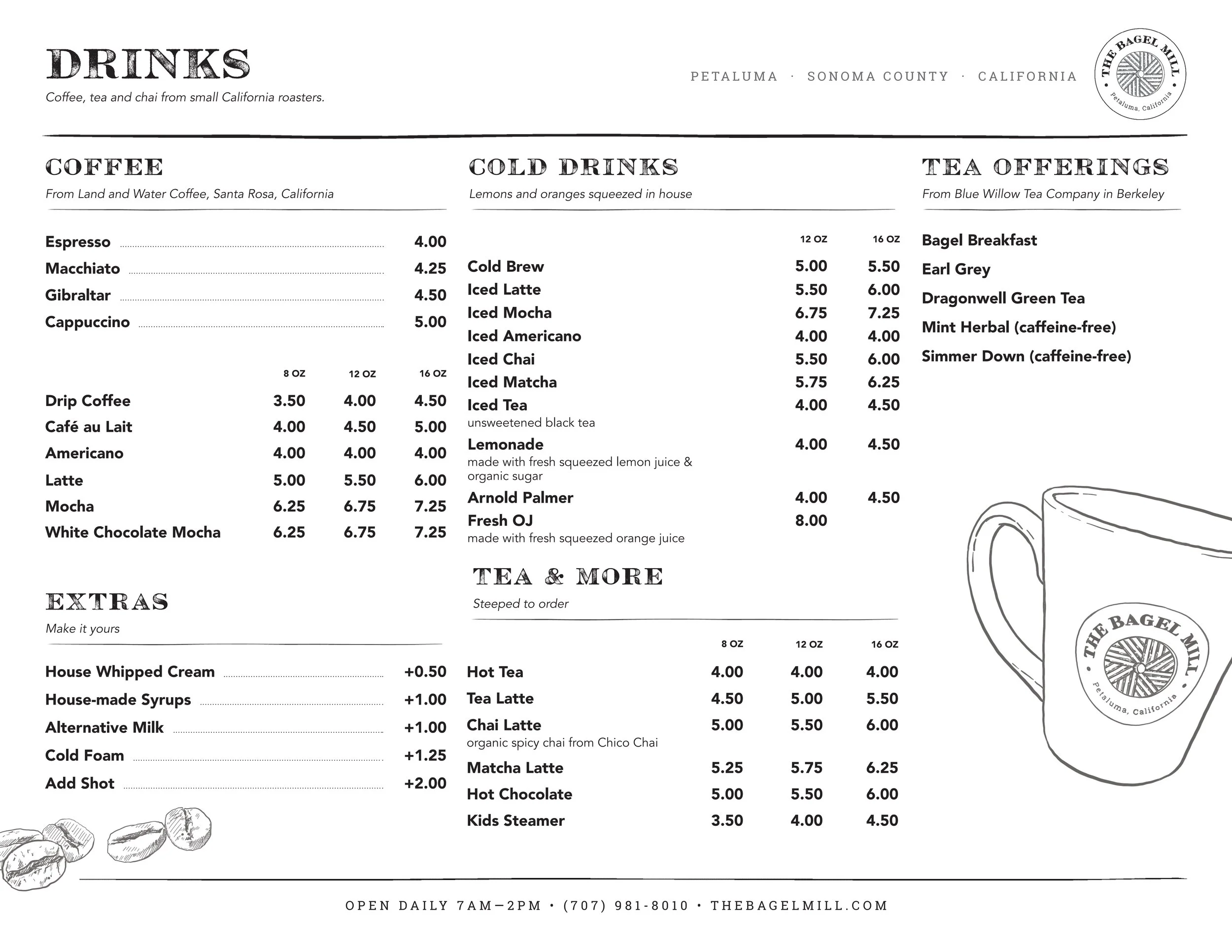 The Bagel Mill drinks menu, Fall 2026: coffee, cold drinks, tea and extras with prices by size.