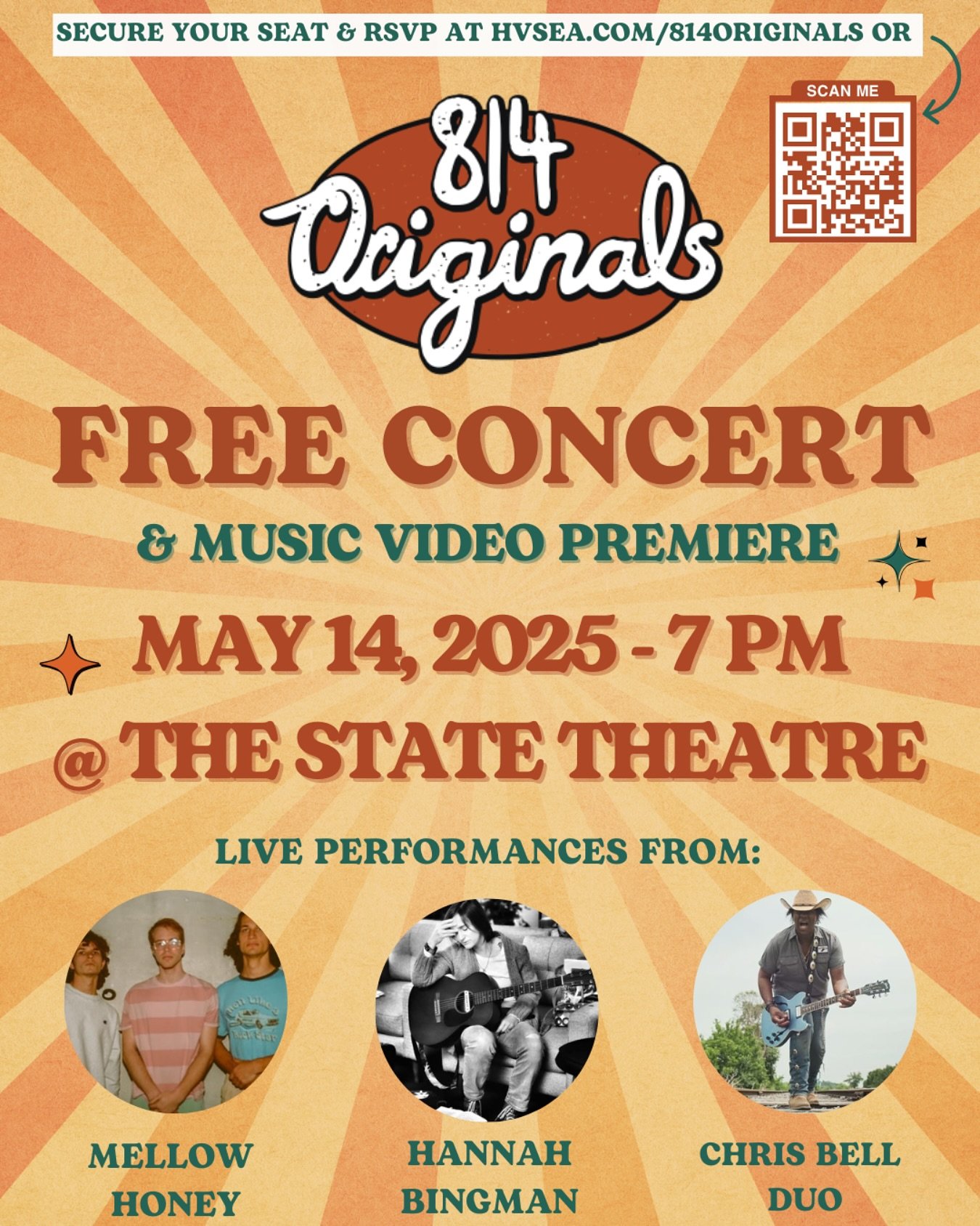 Join us on May 14th, at 7PM at The State Theatre for this FREE concert! Featuring live original artists and music video premieres!
Secure your seat and RSVP in our Linktree in bio or scan the QR code above!
Live Performances from:
@mellowhoneyband