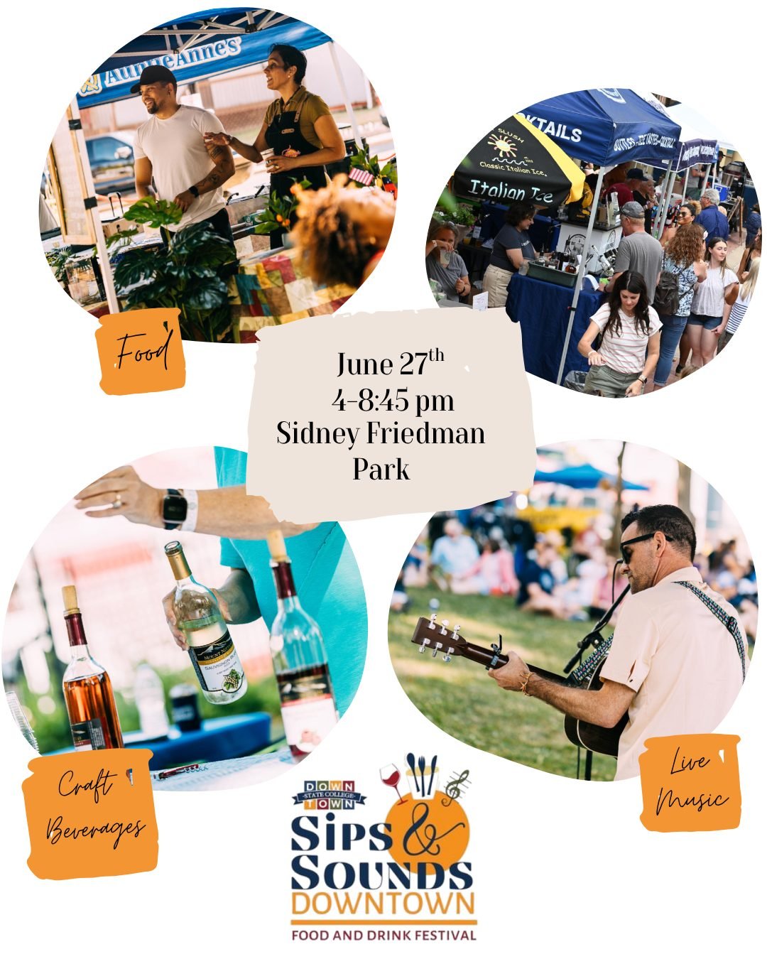 Raise your glass to summer! Sips &amp; Sounds is bringing live music and local sips to Sidney Friedman Park.  Experience the sounds of local talent, sip refreshing craft beverages from Central PA Tasting Trail producers, and savor tasty bites from yo