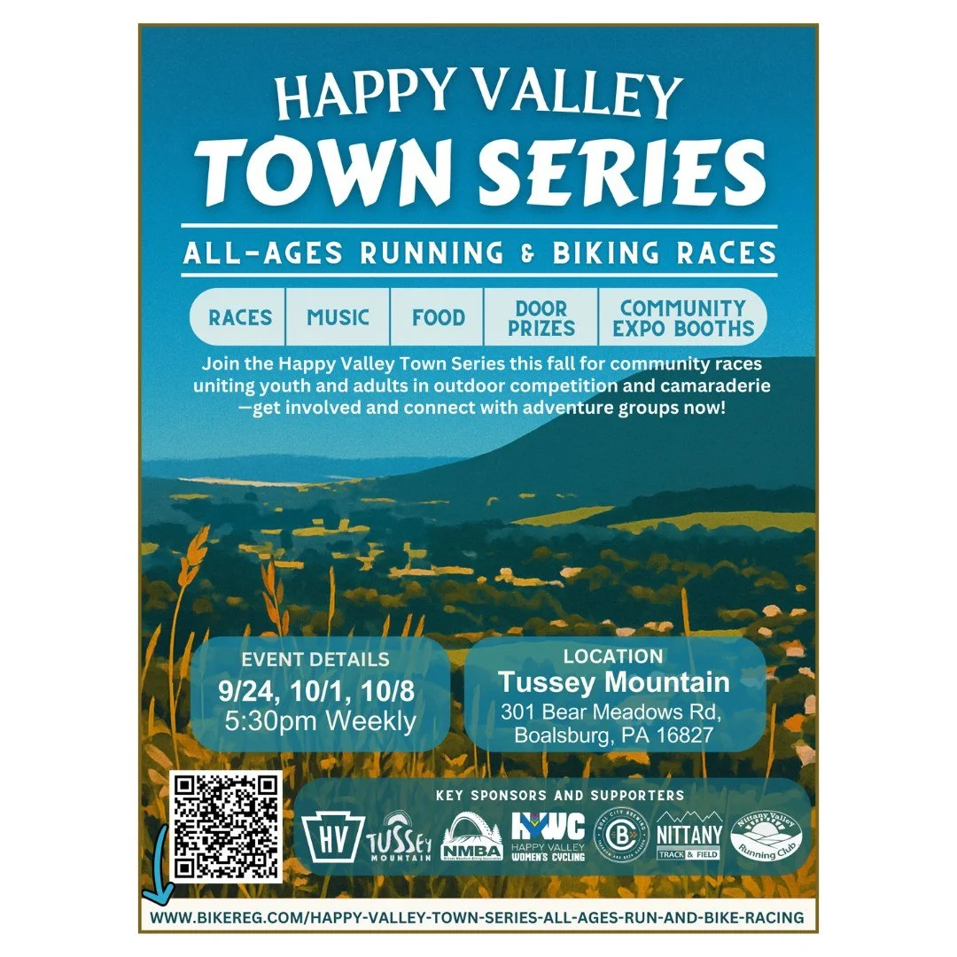 Ready to light up Happy Valley? We are! Join us at the Happy Valley Town Series expo on 9/24, 10/1, & 10/8 at Tussey Mountain for races, music, and community vibes.
Sign up and race all three weeks, or pick and choose each week: https://www.bike